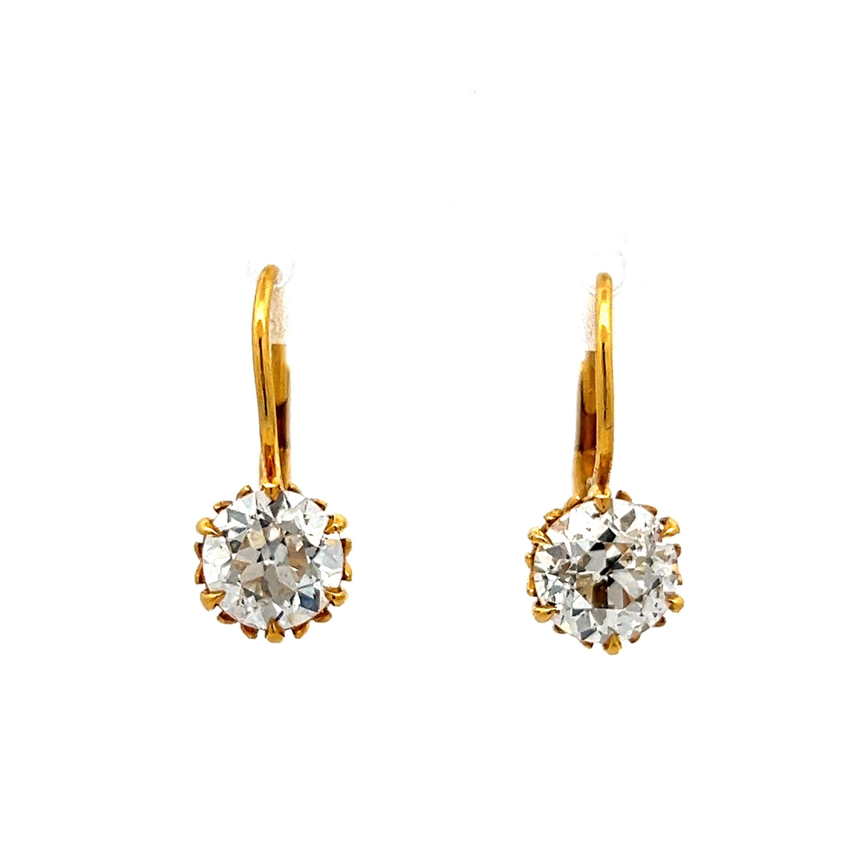3.40 Old European Diamond Drop Earrings in Yellow Gold