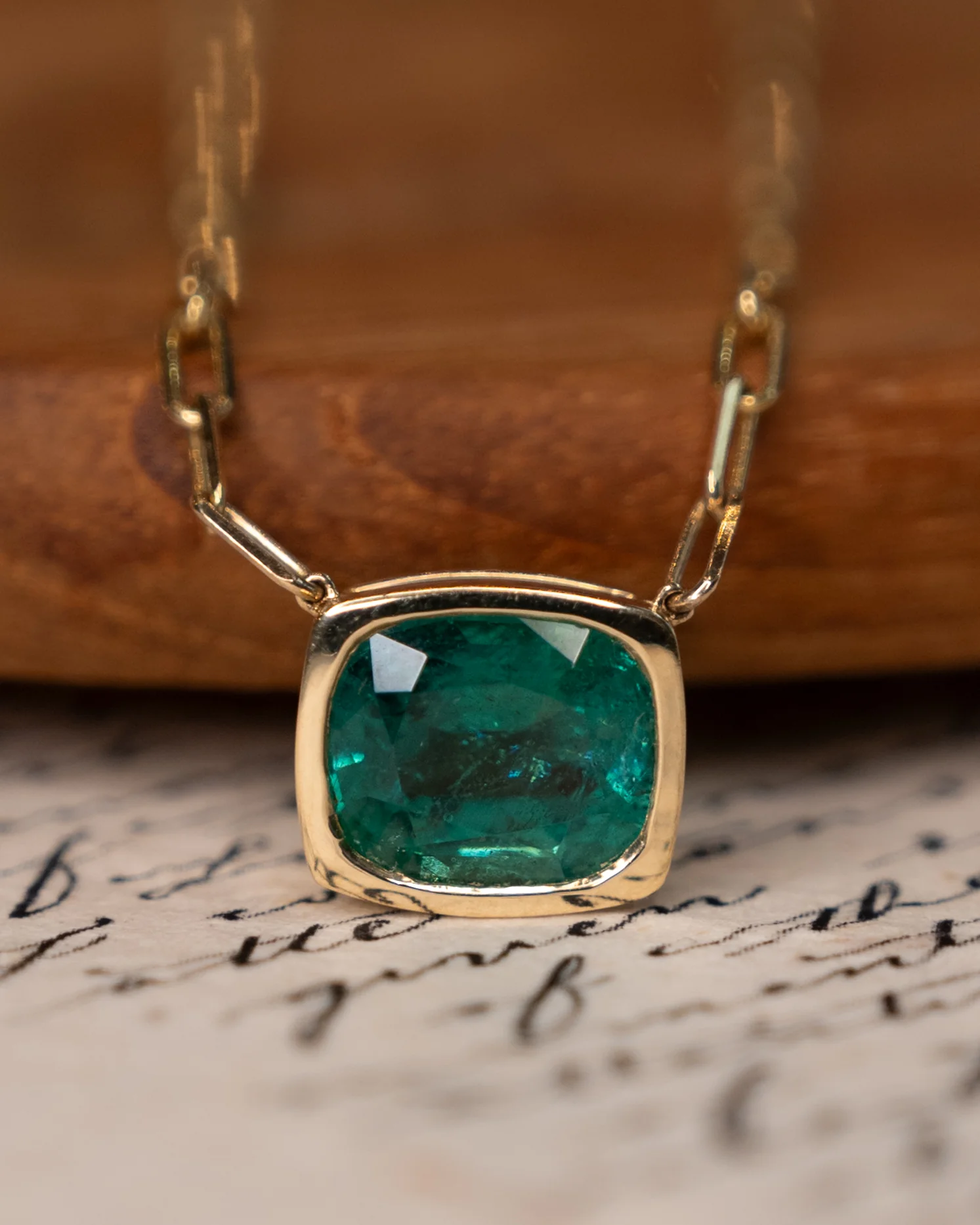 3.43 Cushion Emerald Pendant Necklace 14k Yellow Gold - Image 6