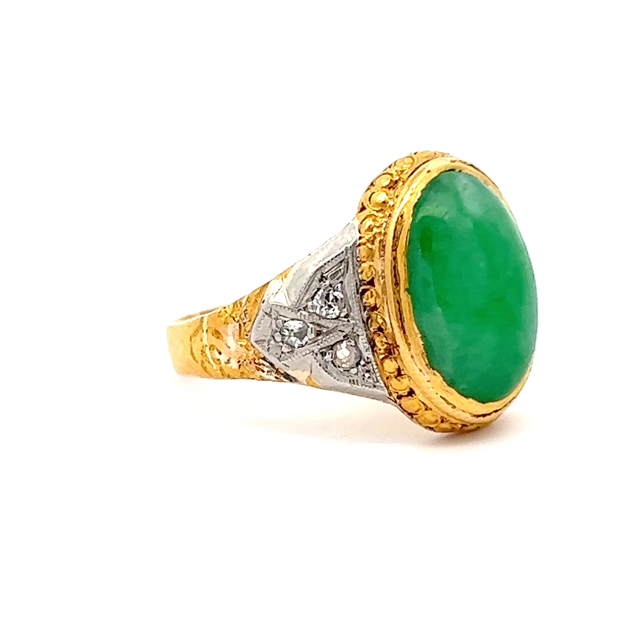 Mid-Century Vintage Jadeite & Diamond Ring in Two Toned 22K & Platinum - Image 3