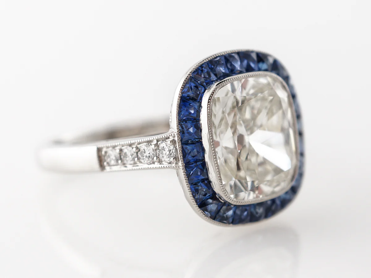 3 Carat Cushion Diamond & Sapphire Halo Engagement Ring - Image 3