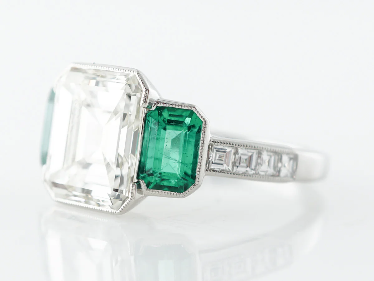 Three Stone Emerald Cut Diamond Engagement Ring in Platinum - Image 2