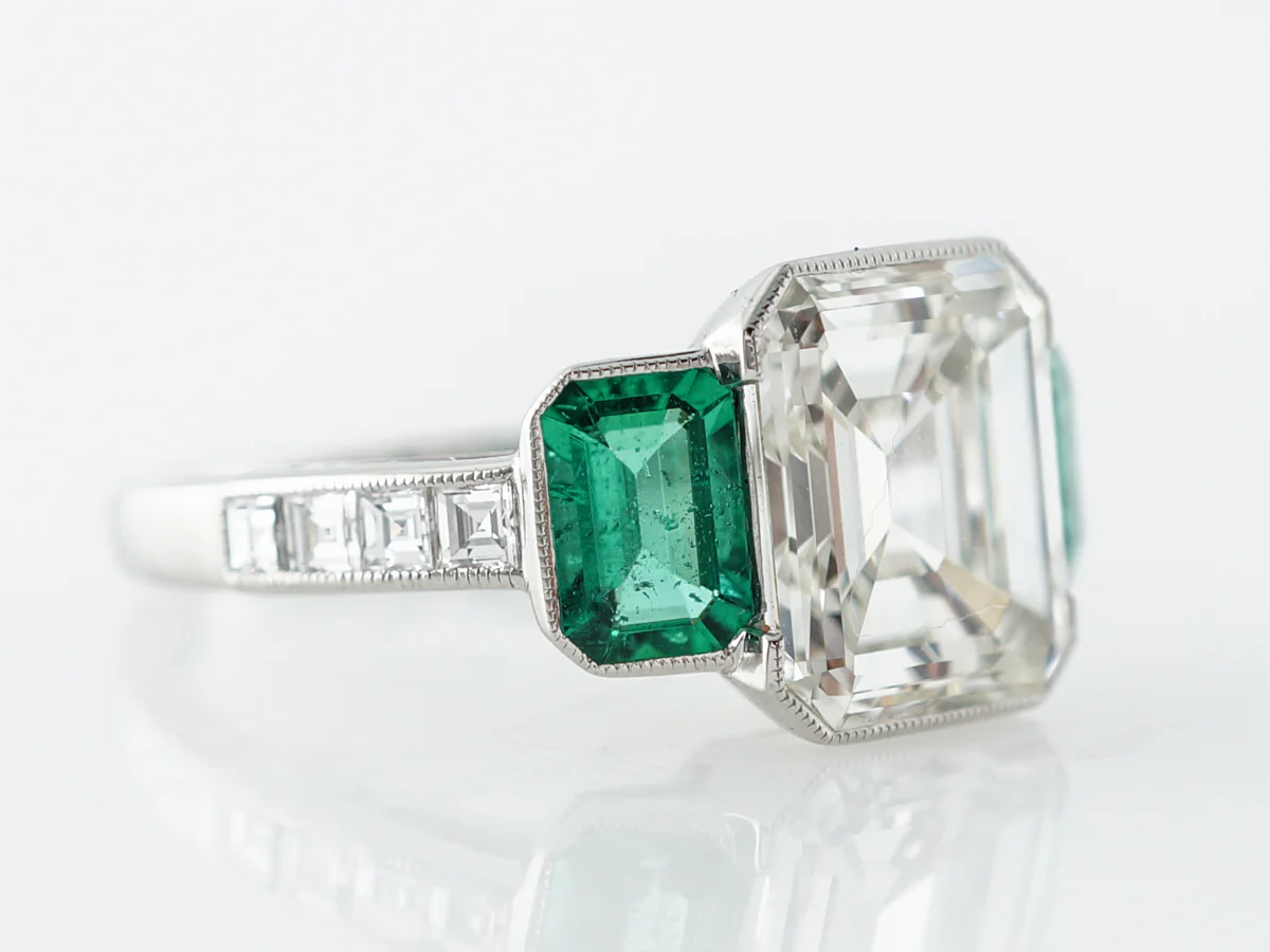 Three Stone Emerald Cut Diamond Engagement Ring in Platinum - Image 3