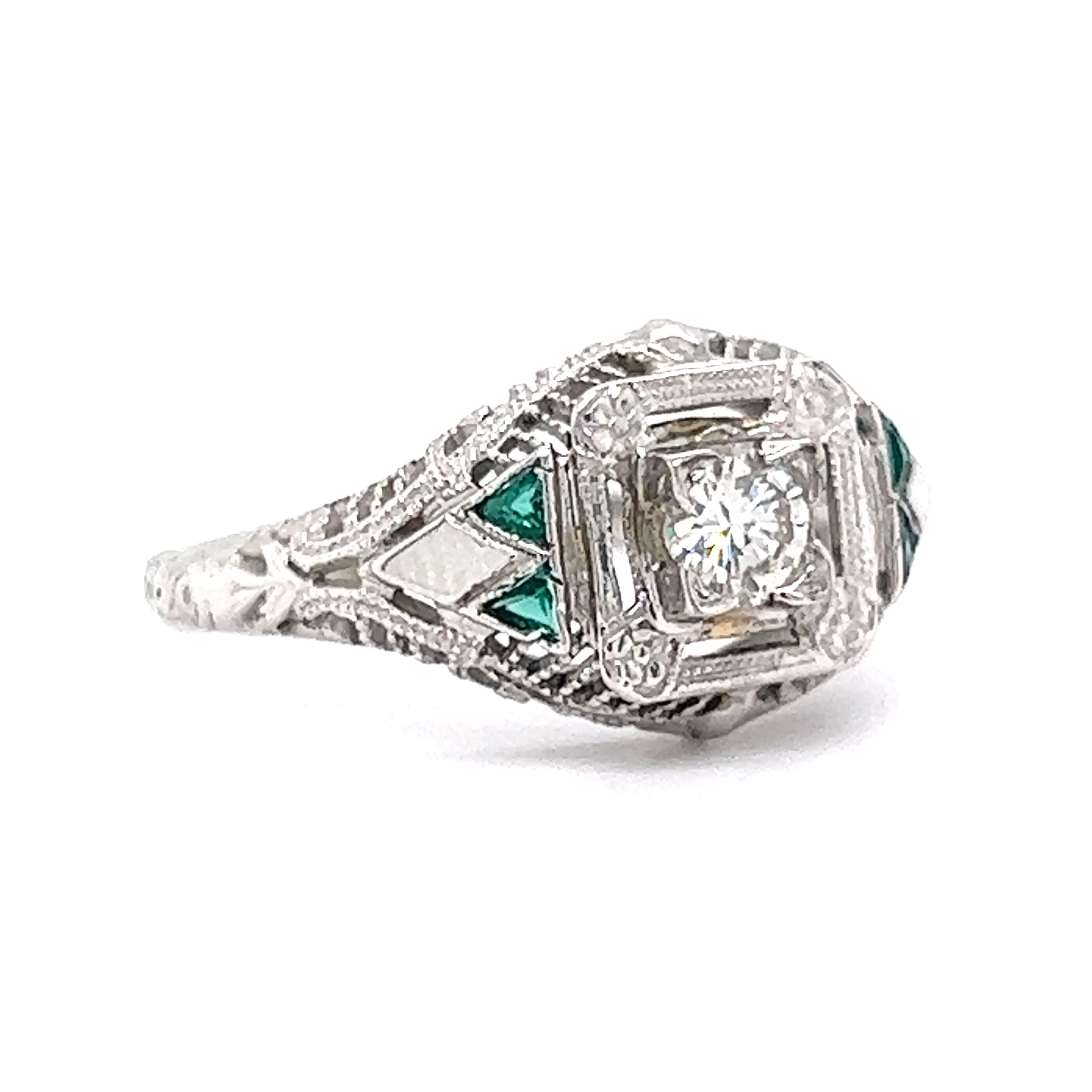 .30 Art Deco Diamond & Emerald Engagement Ring in 18k White Gold - Image 3