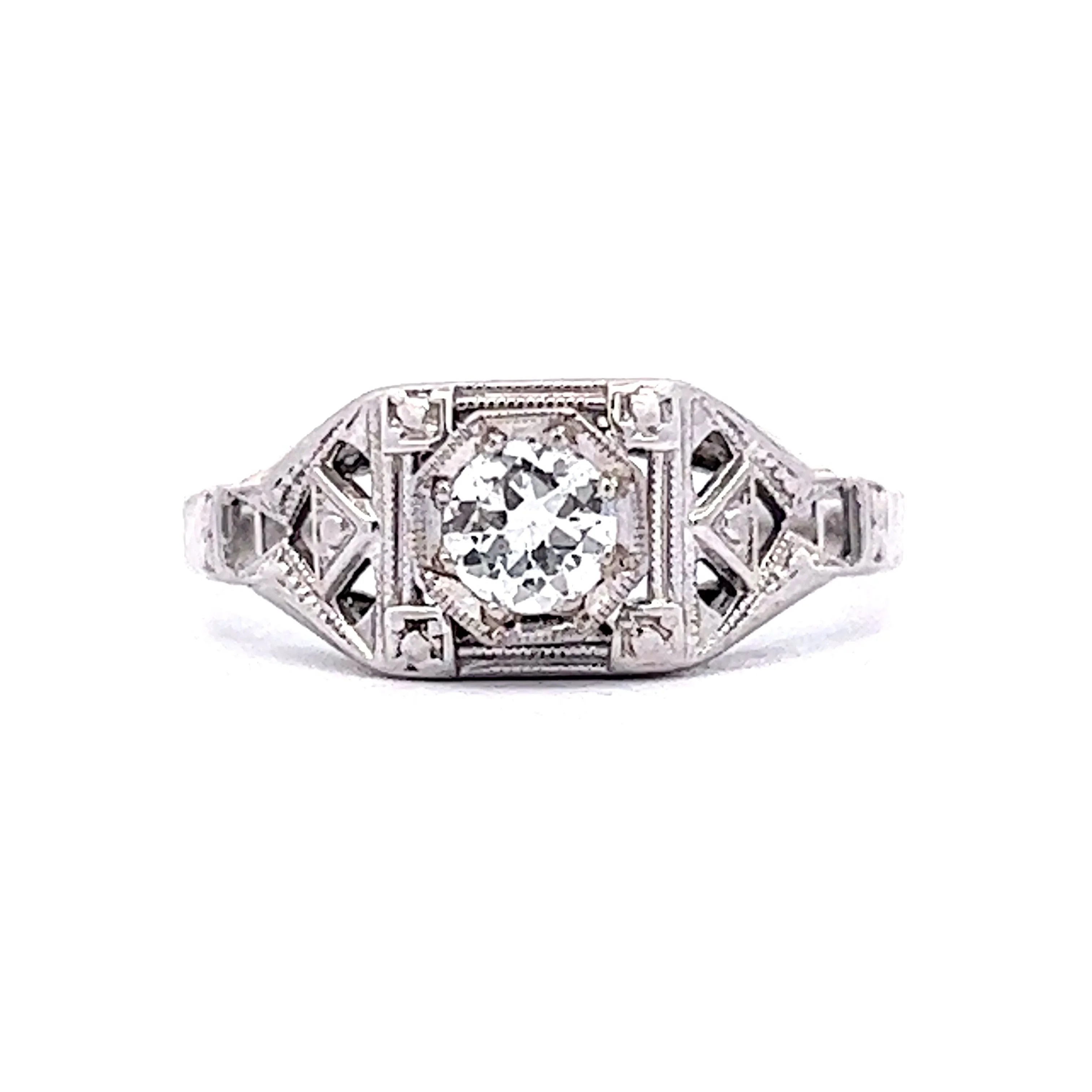 .32 Art Deco Filigree Diamond Engagement Ring in 18k White Gold