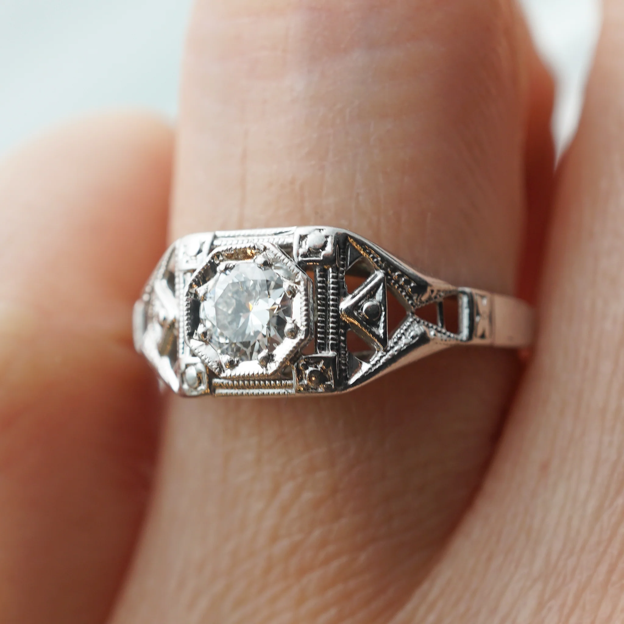 .32 Art Deco Filigree Diamond Engagement Ring in 18k White Gold - Image 6