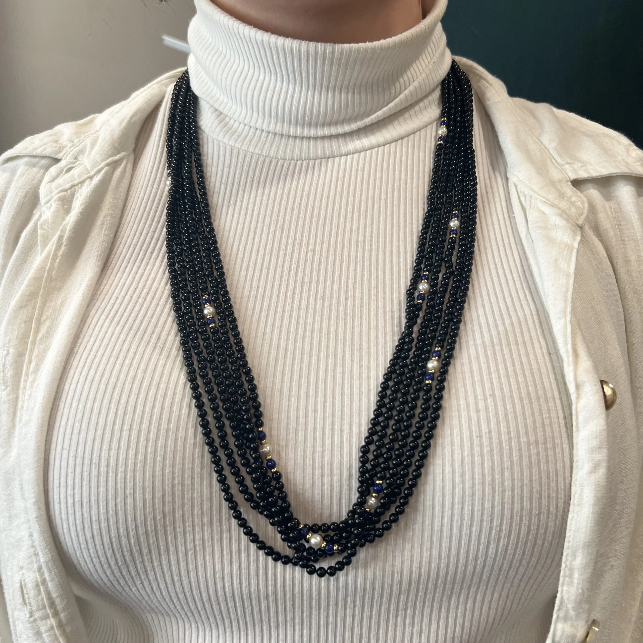 32 Inch Black Onyx Beaded Necklace in 14k Yellow Gold - Image 4