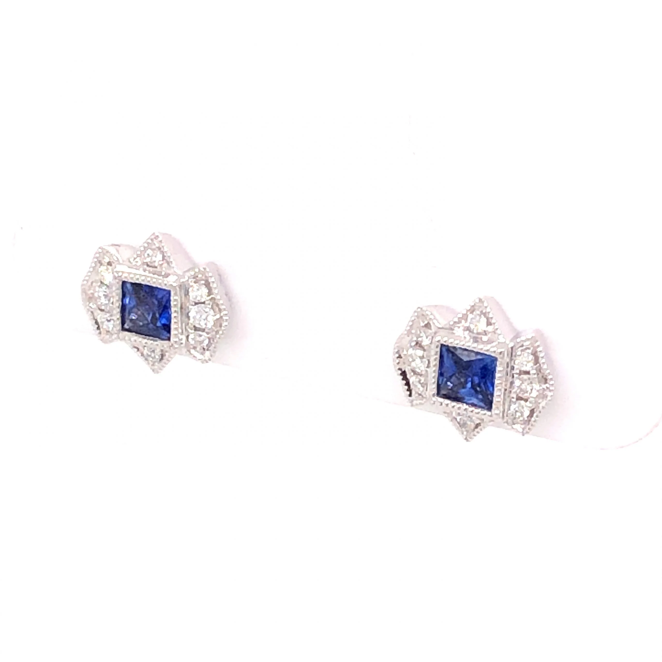 .34 Square Cut Sapphire & Diamond Stud Earrings in 18k White Gold - Image 2