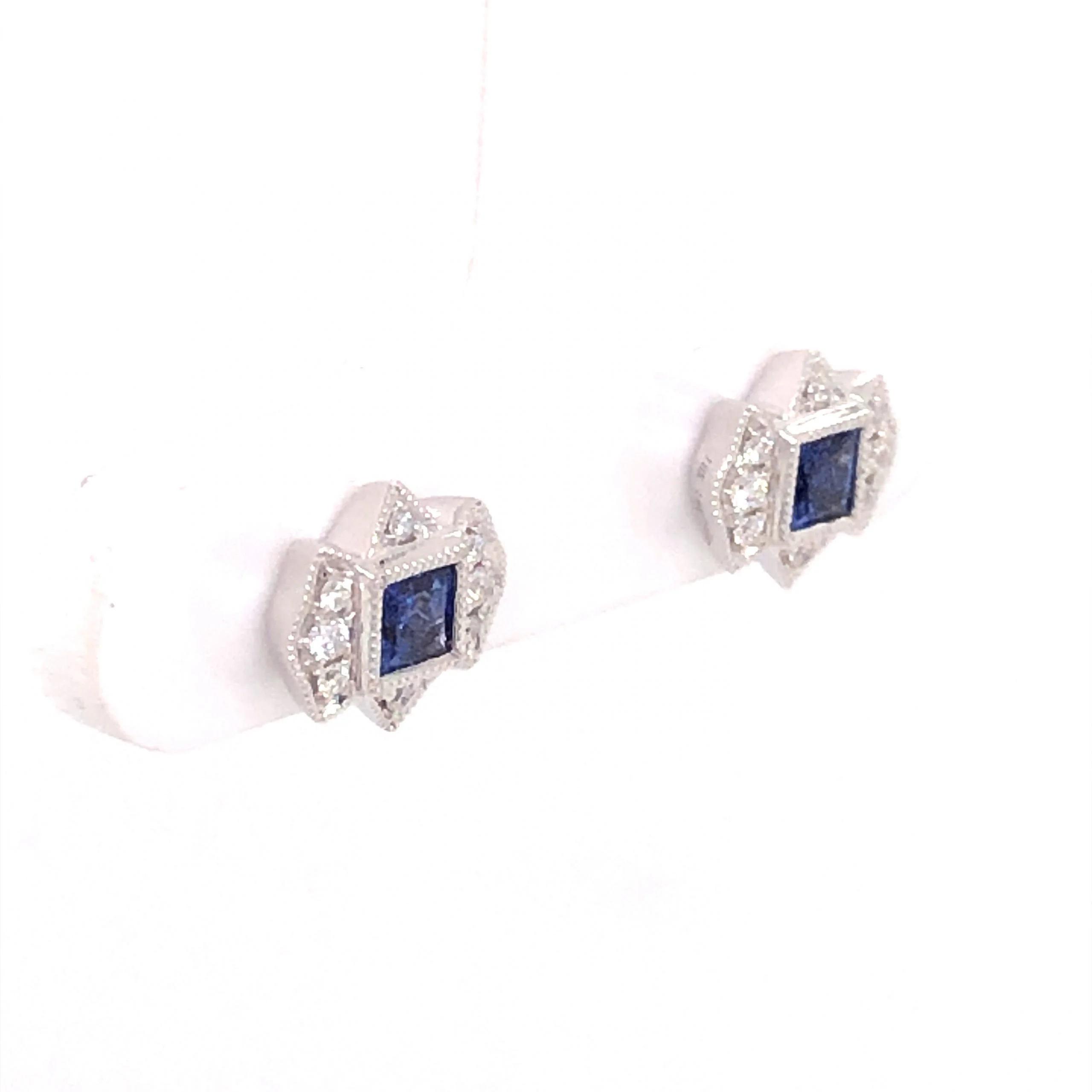 .34 Square Cut Sapphire & Diamond Stud Earrings in 18k White Gold - Image 3