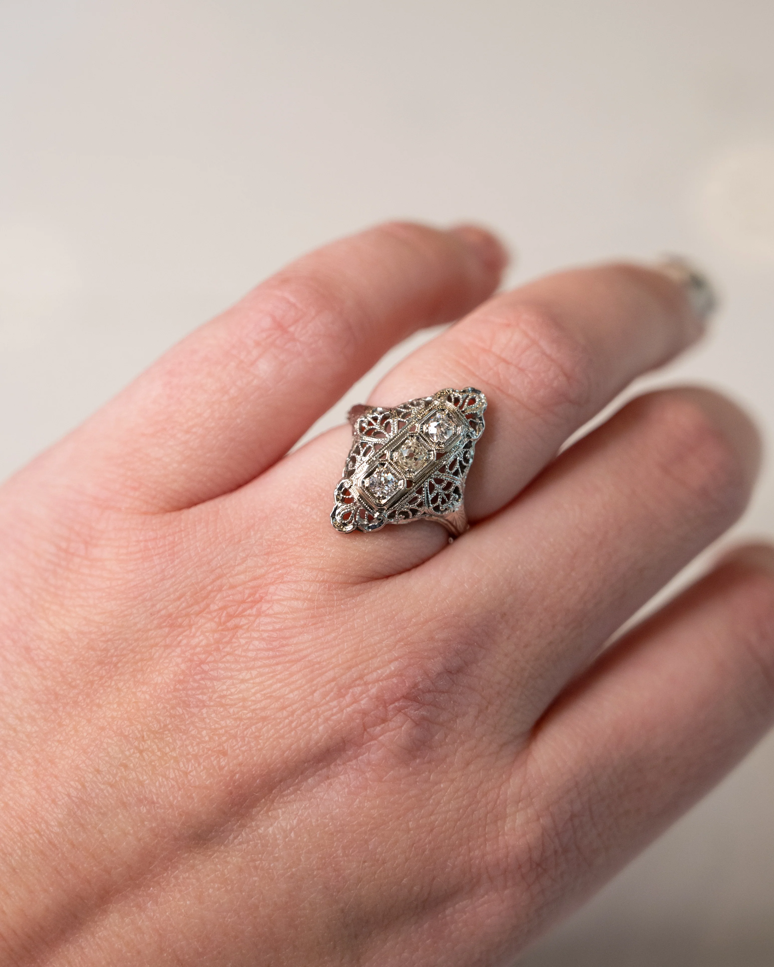 .39 Antique Deco Diamond Filigree Cocktail Ring 18k - Image 7