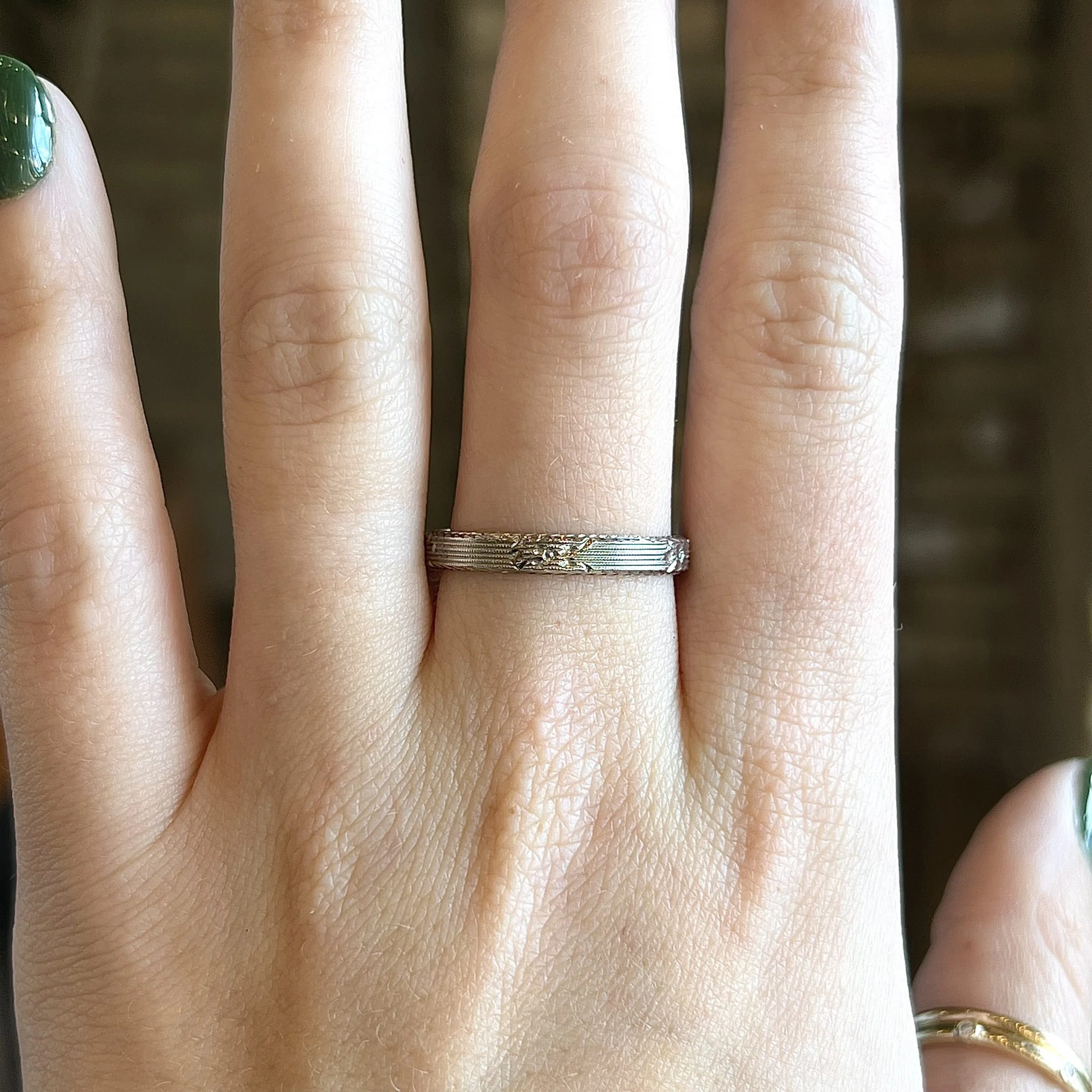 3mm Men's Engraved Art Deco Wedding Band in 18k White Gold - Image 6
