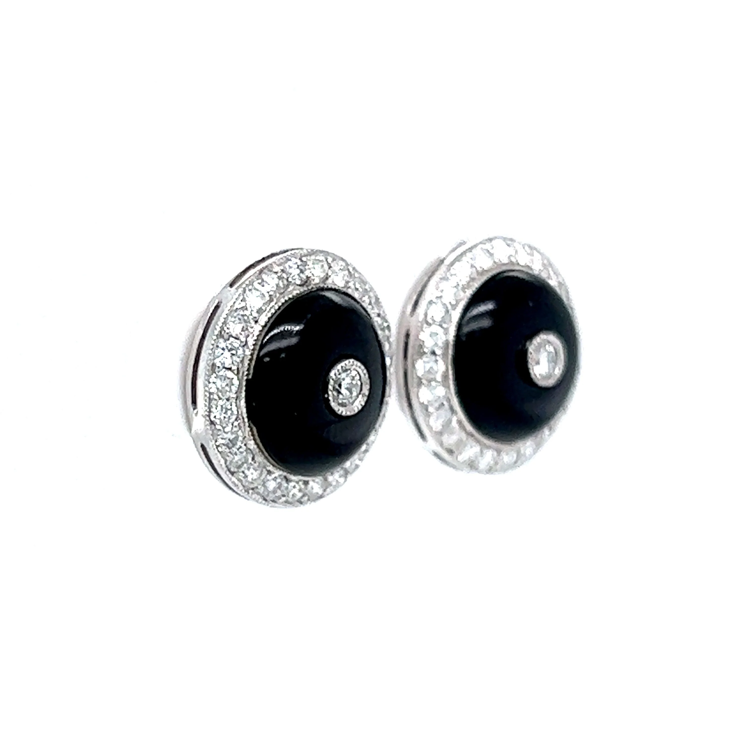 Modern Onyx & Round Brilliant Diamond Stud Earrings in Platinum - Image 3