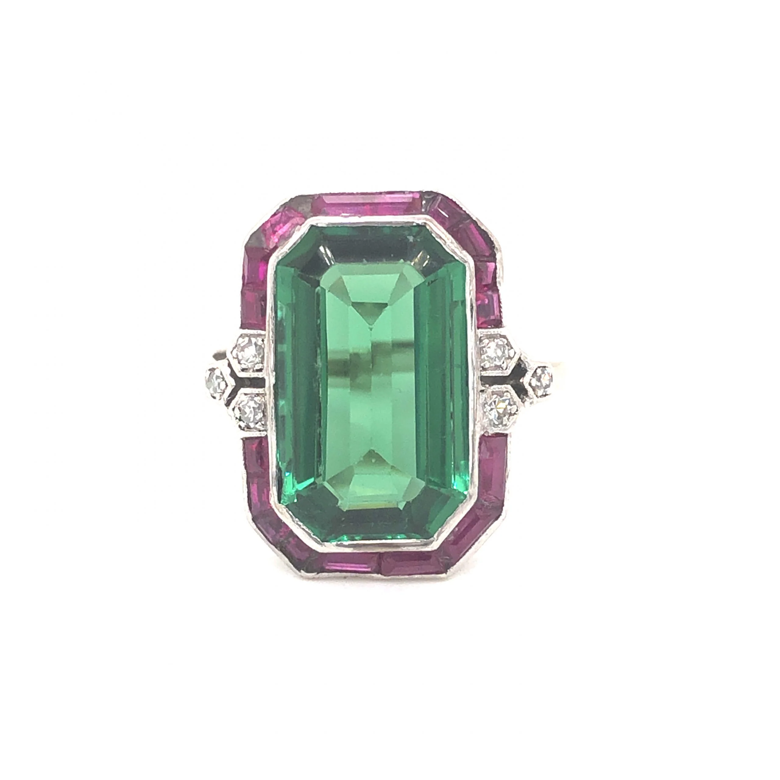 4.81 Art Deco Tourmaline & Ruby Ring with Diamonds in 14k