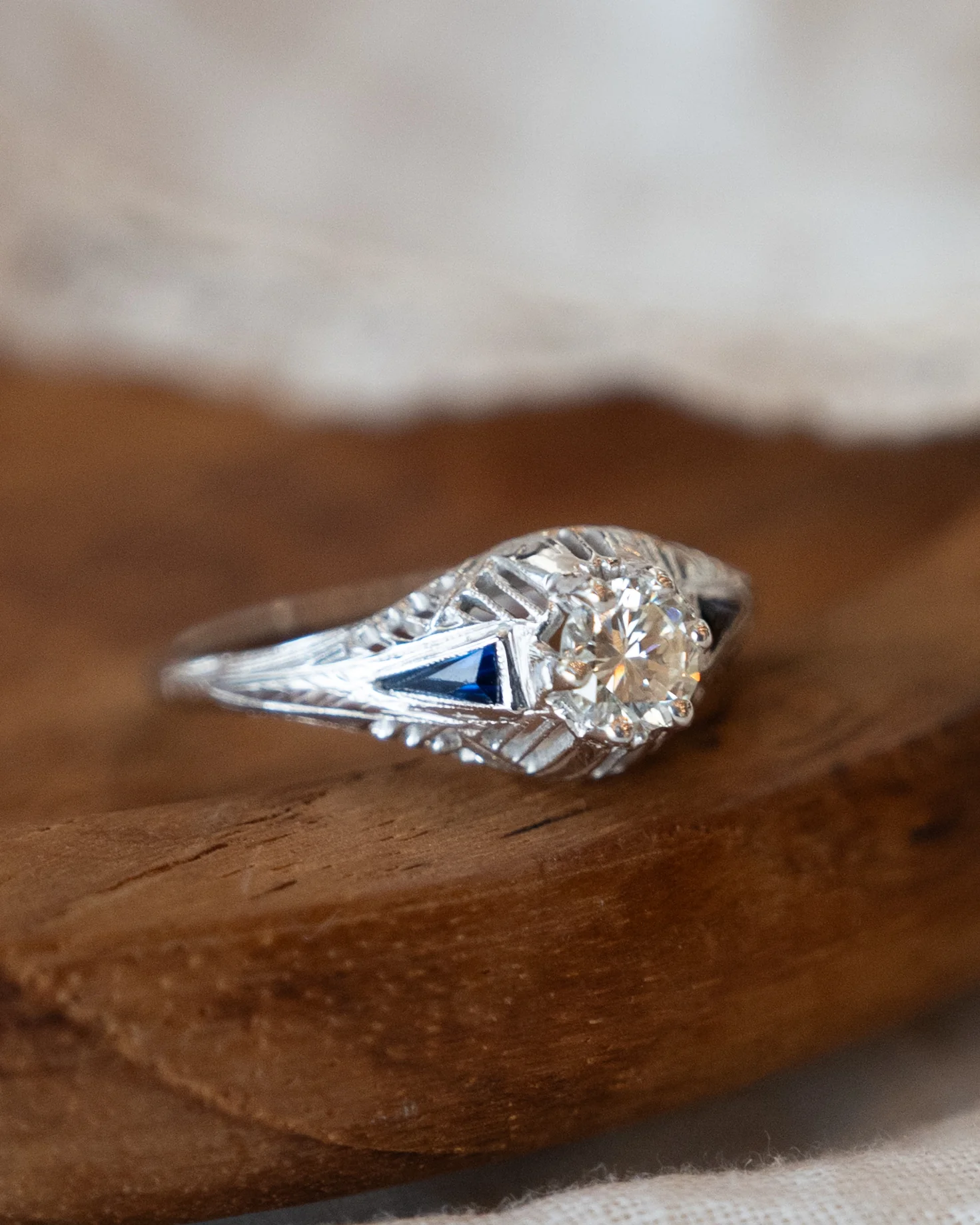 .45 Vintage Art Deco Diamond Sapphire Engagement Ring 18k - Image 7