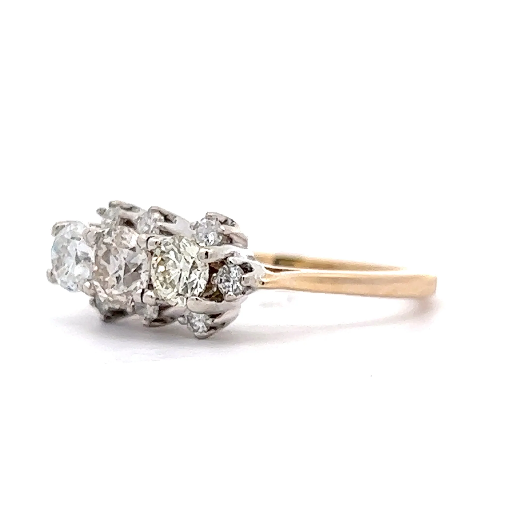 .95 Vintage Three Stone Cluster Engagement Ring in 14k Yellow & White Gold - Image 2