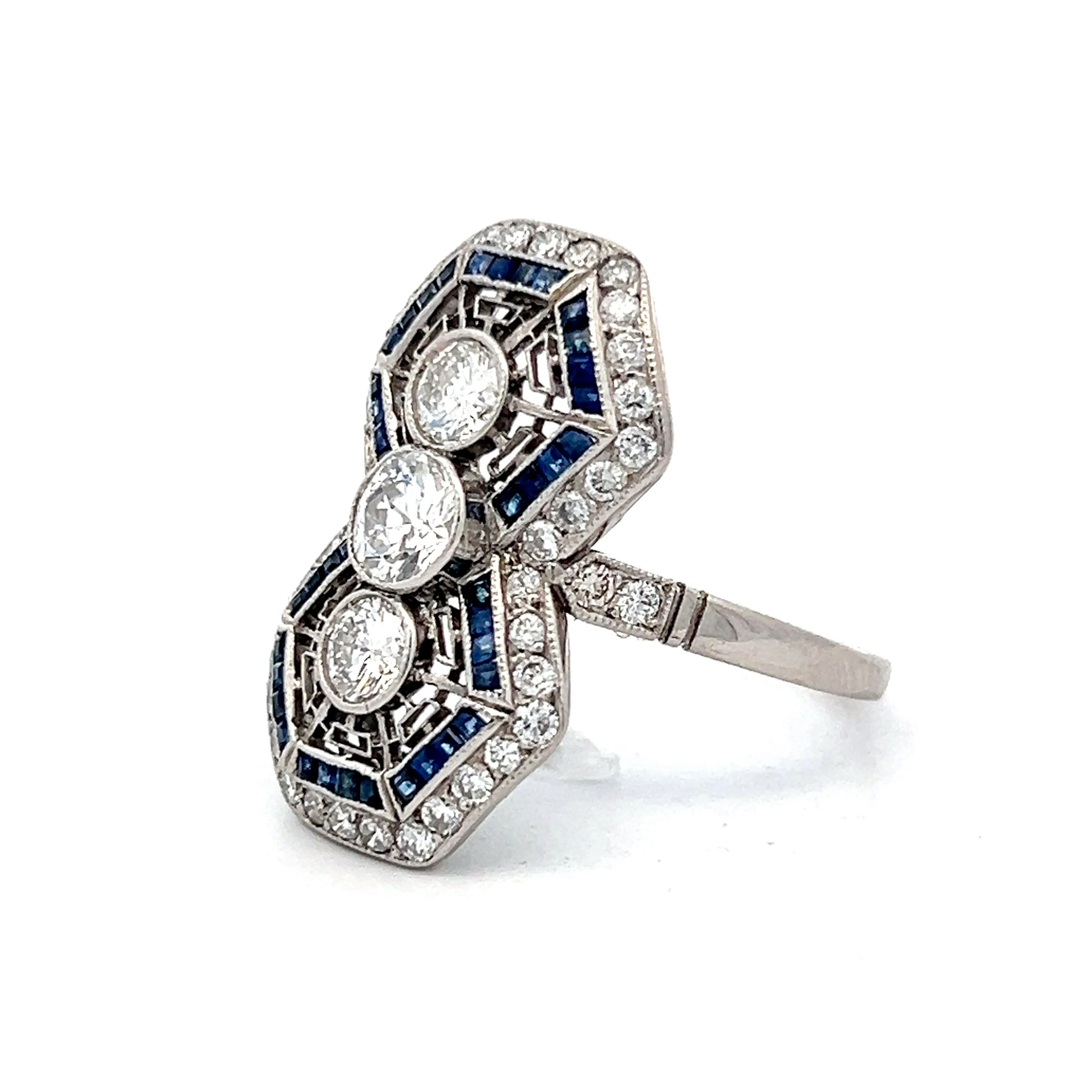.46 Vintage Geometric Diamond & Sapphire Ring in Platinum - Image 2