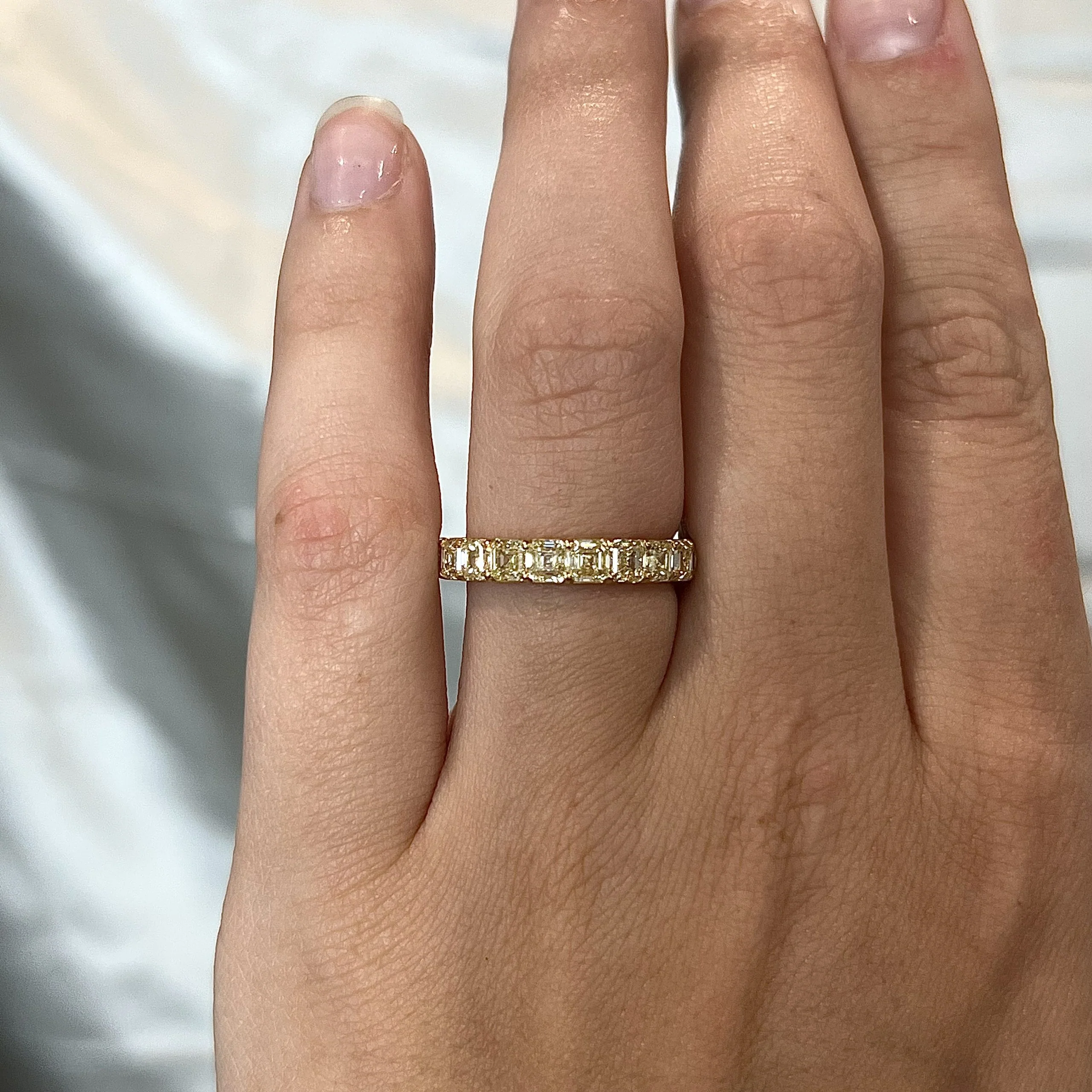 5.56 Fancy Yellow Asscher Cut Diamond Eternity Band in 18k - Image 6