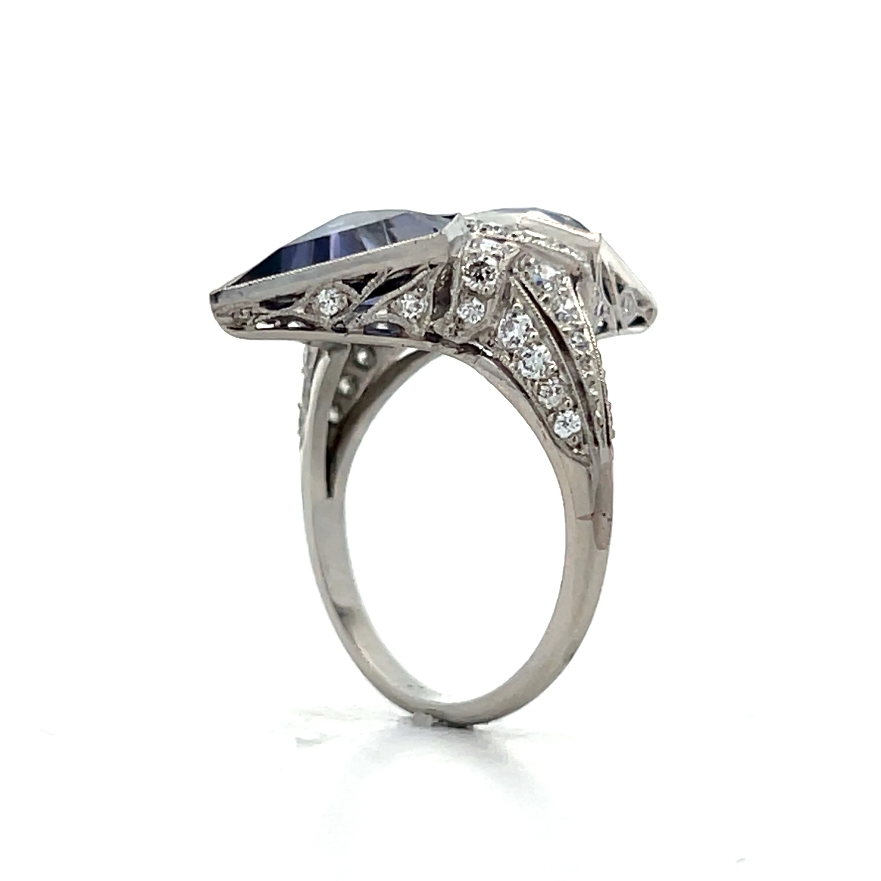 5.86 Antique Deco Shield Iolite Cocktail Ring Platinum - Image 5