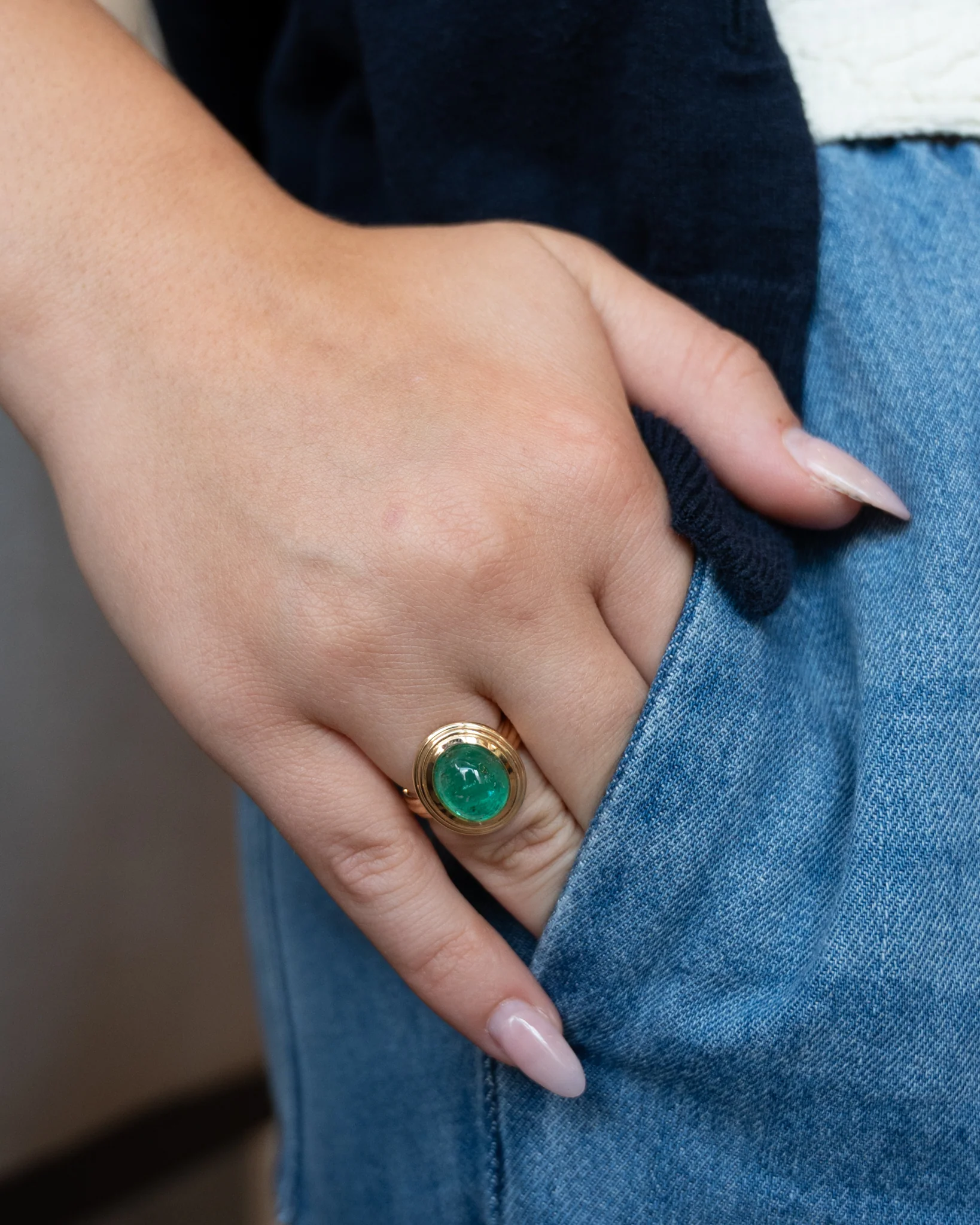 5.96 Cabochon Emerald Cocktail Ring in 14k Yellow Gold - Image 7