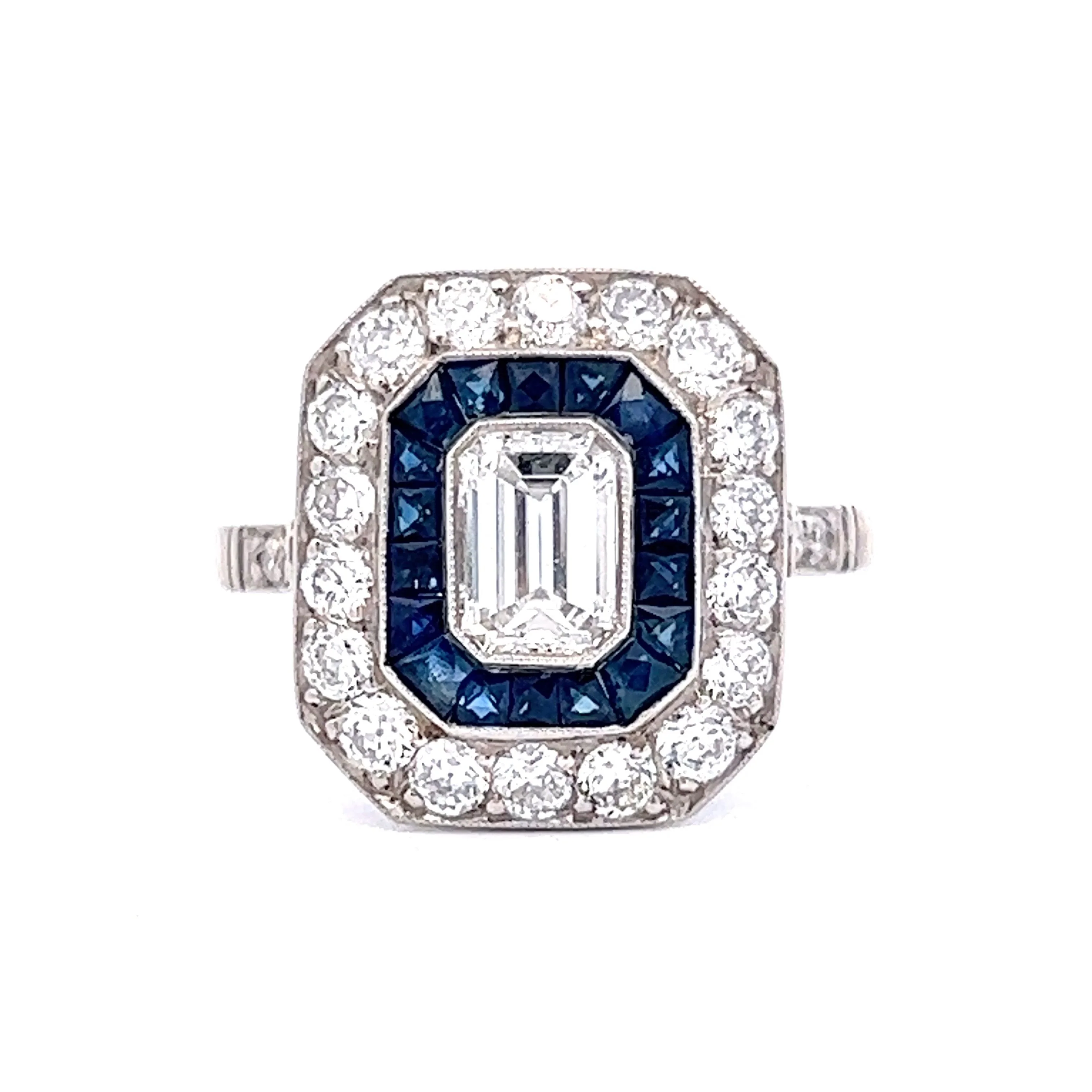 .58 Emerald Cut Diamond and Sapphire Engagement Ring in Platinum