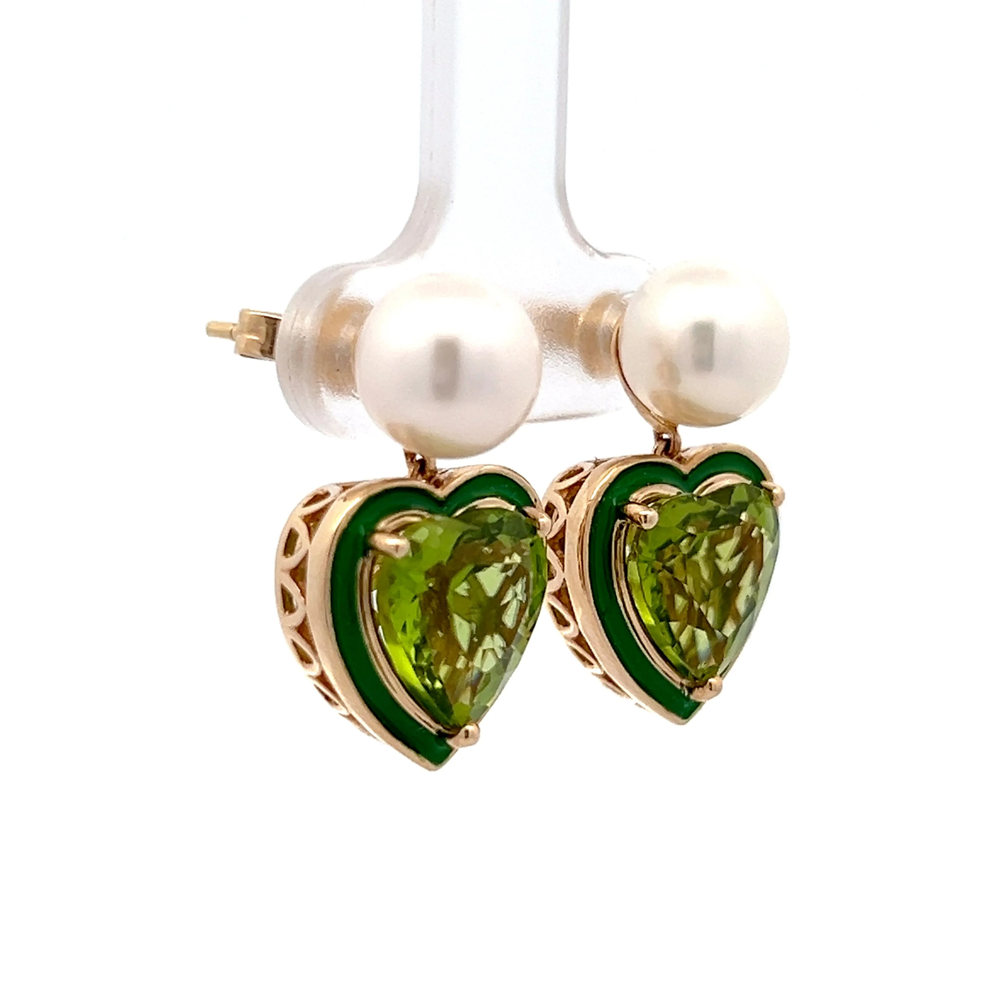 6.70 Heart Shaped Peridot & Pearl Drop Earrings in 14k - Image 3