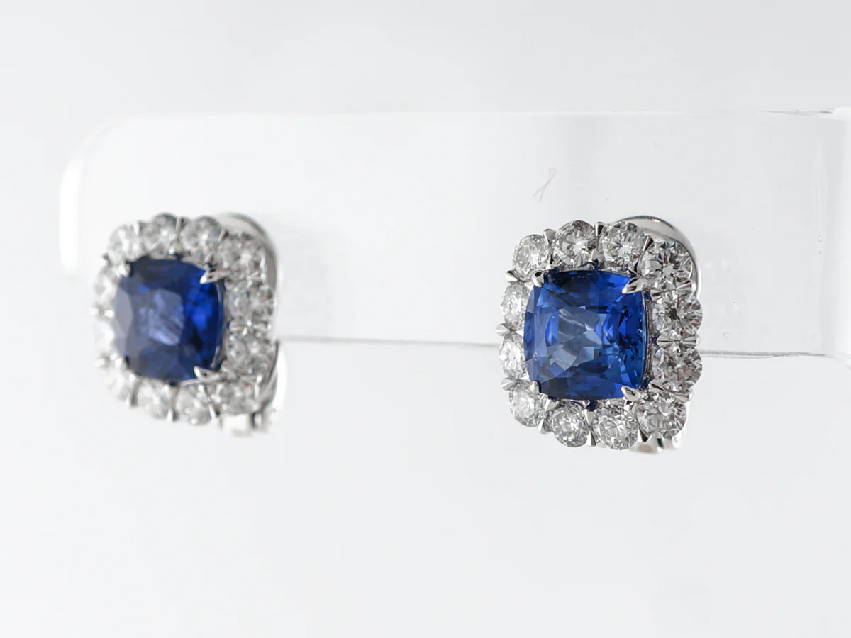 6 Carat Sapphire Earrings w/ Diamond Halo in Platinum - Image 2