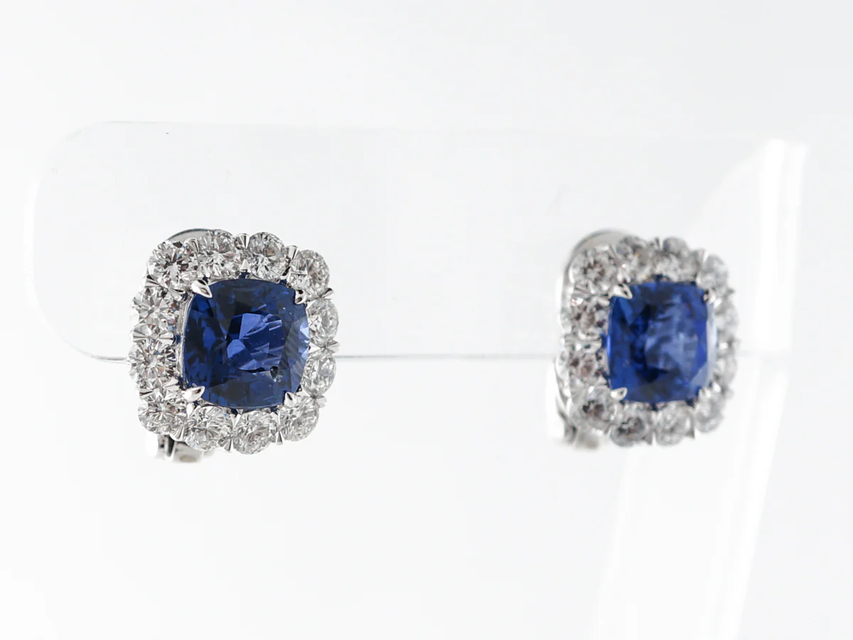 6 Carat Sapphire Earrings w/ Diamond Halo in Platinum - Image 3