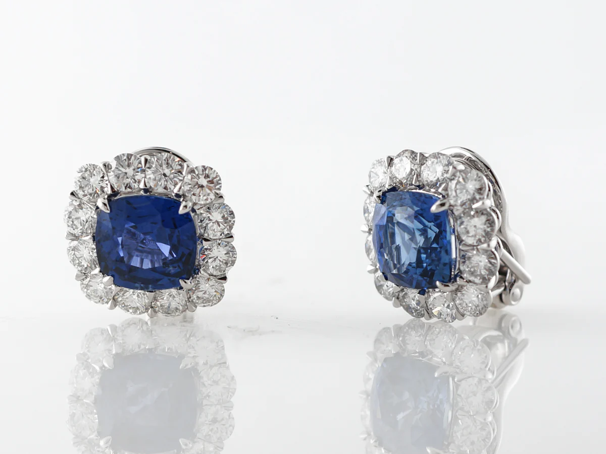 6 Carat Sapphire Earrings w/ Diamond Halo in Platinum - Image 5