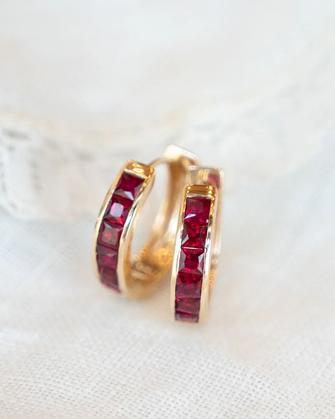 .60 French Cut Ruby Hoop Earrings in 14k Yellow Gold - Image 5