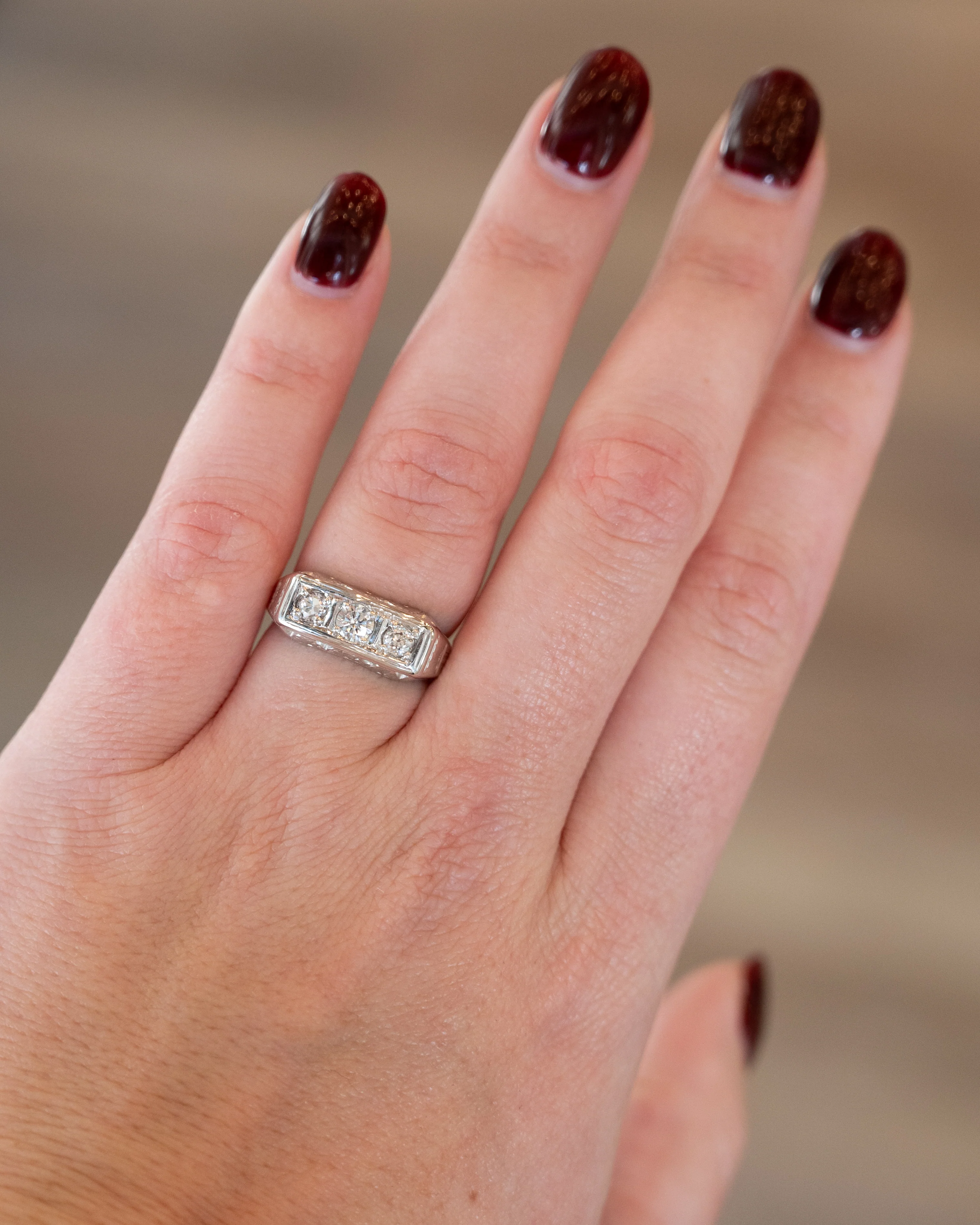 .63 Vintage Deco Three Stone Engagement Ring 18k - Image 6