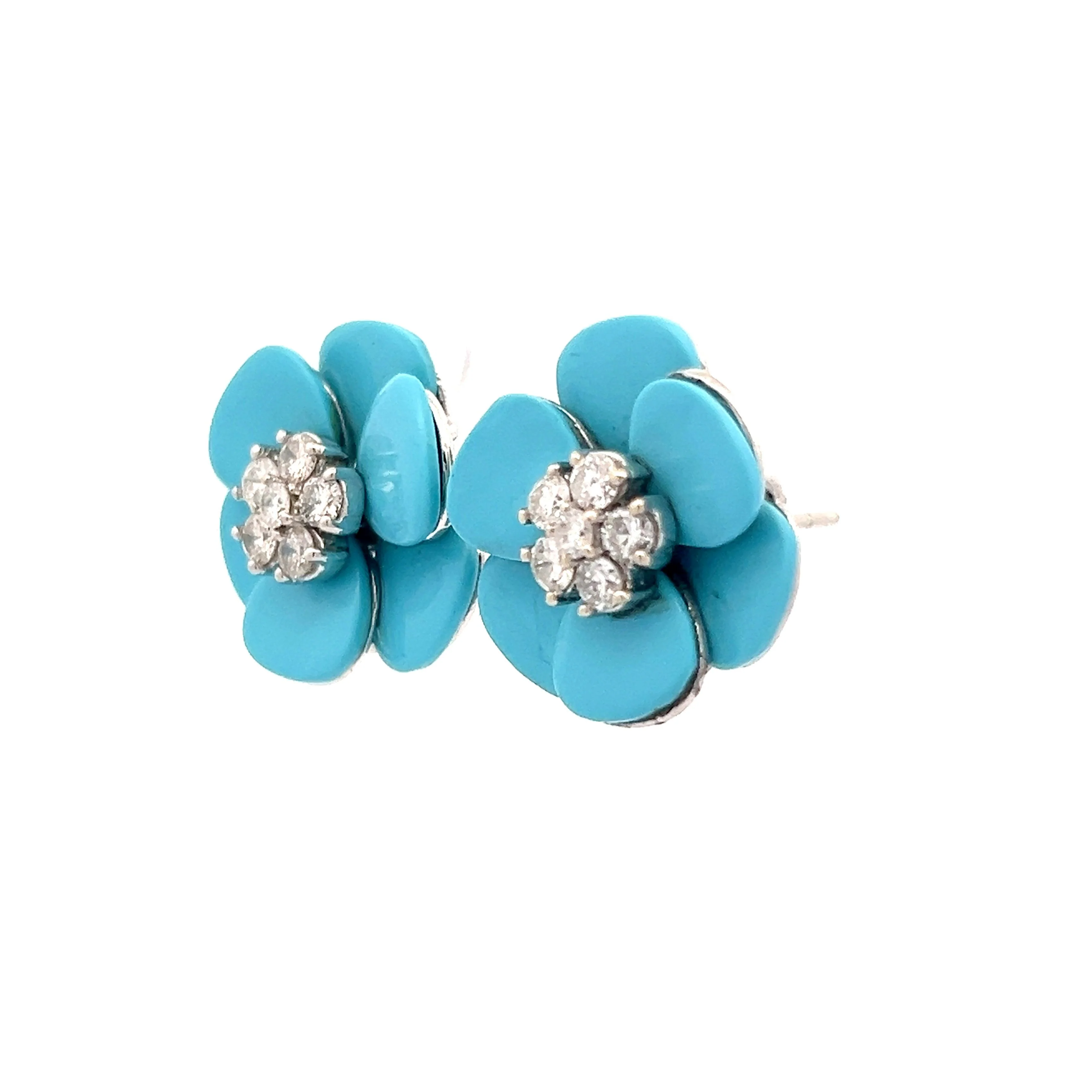 .64 Diamond & Turquoise Flower Earrings in 14k - Image 2
