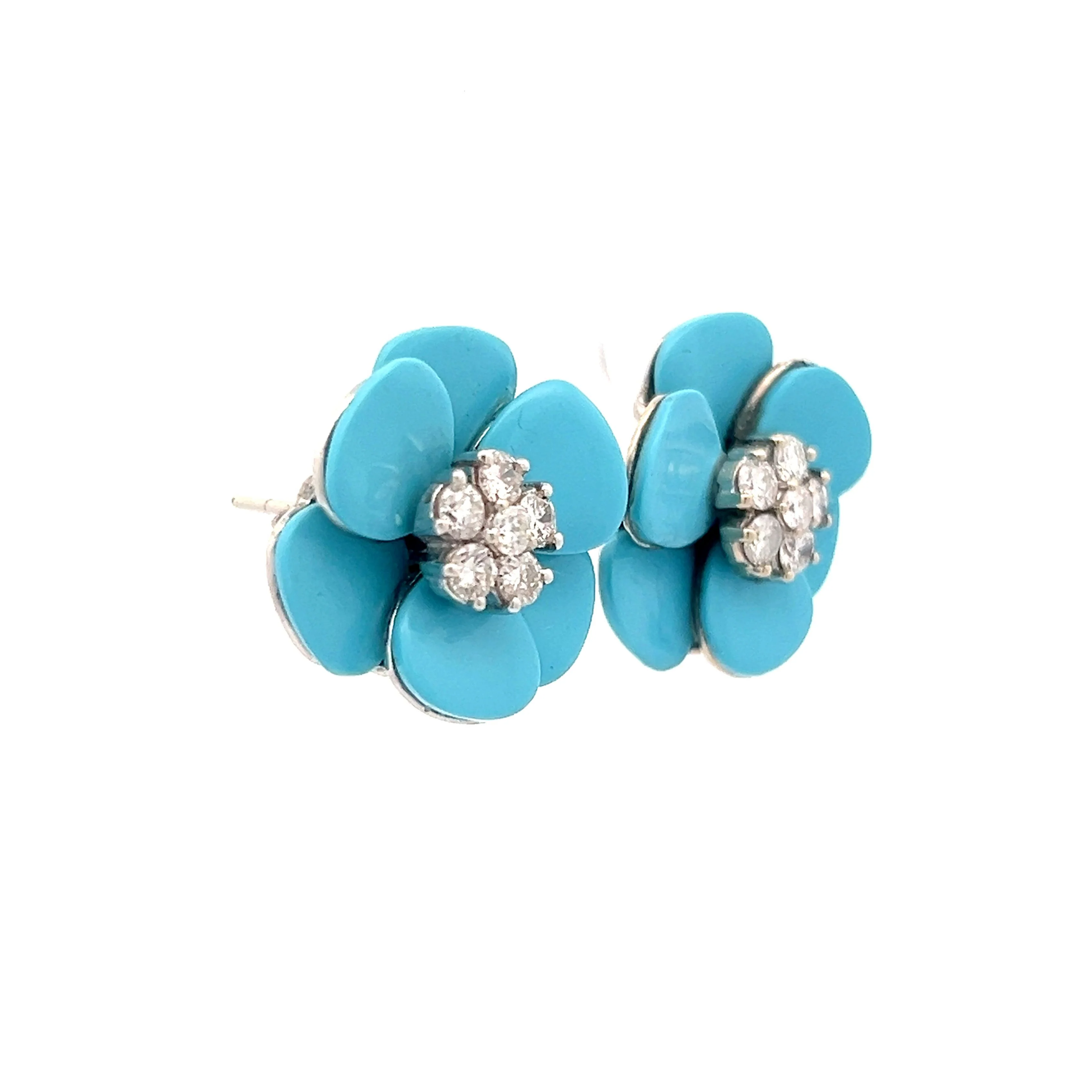 .64 Diamond & Turquoise Flower Earrings in 14k - Image 3
