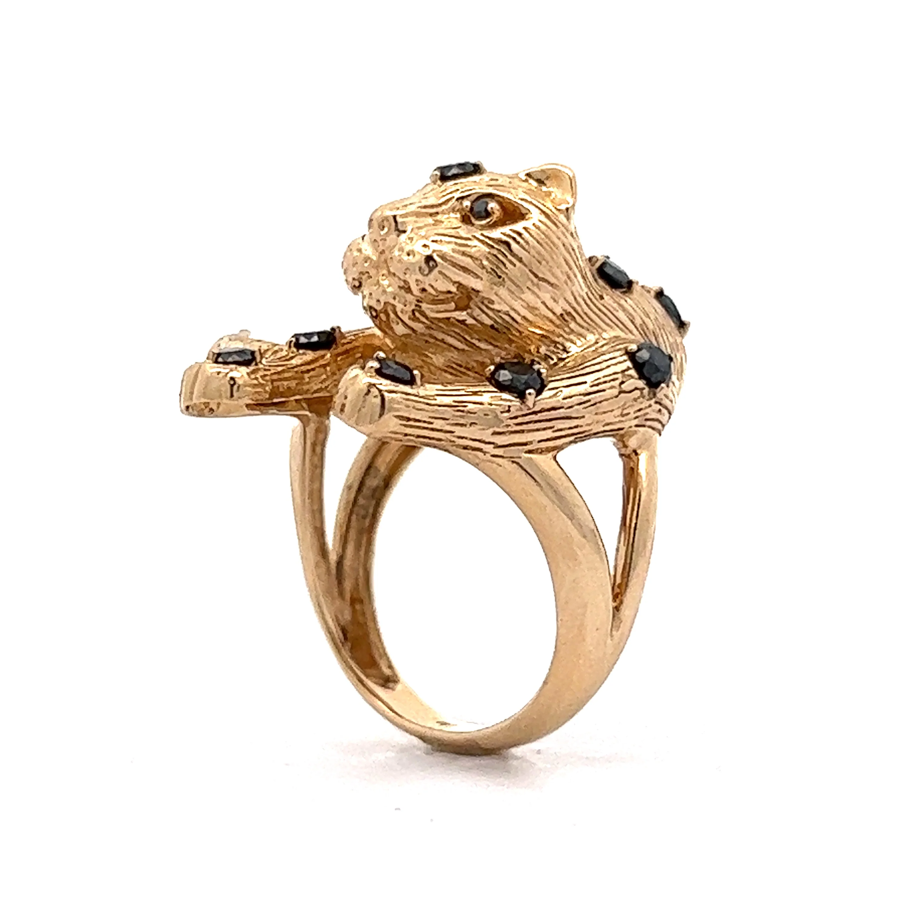 Black Diamond Leopard Cocktail Ring in 14k Yellow Gold - Image 5
