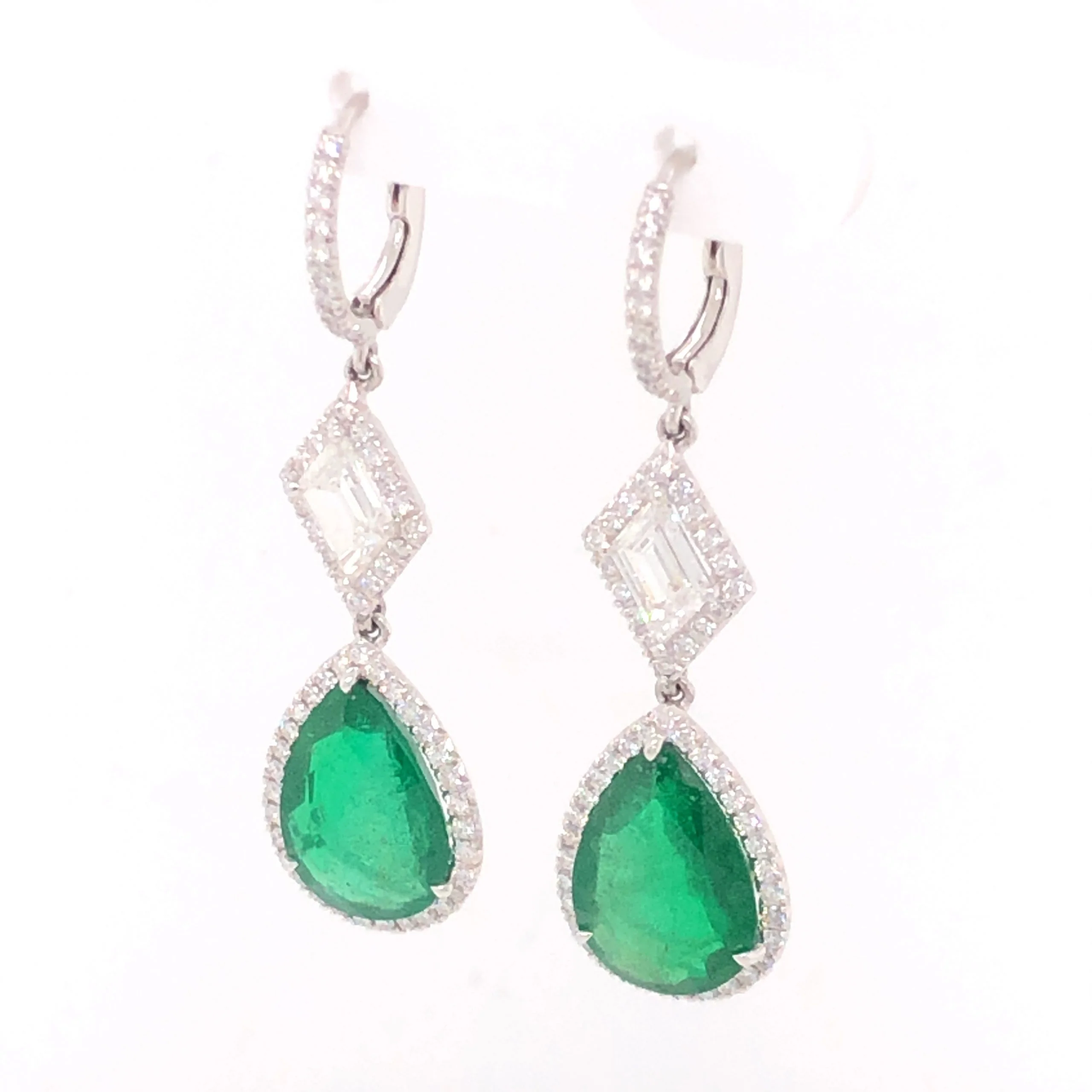 7.65 Pear Cut Emerald & Diamond Drop Earrings in Platinum - Image 2