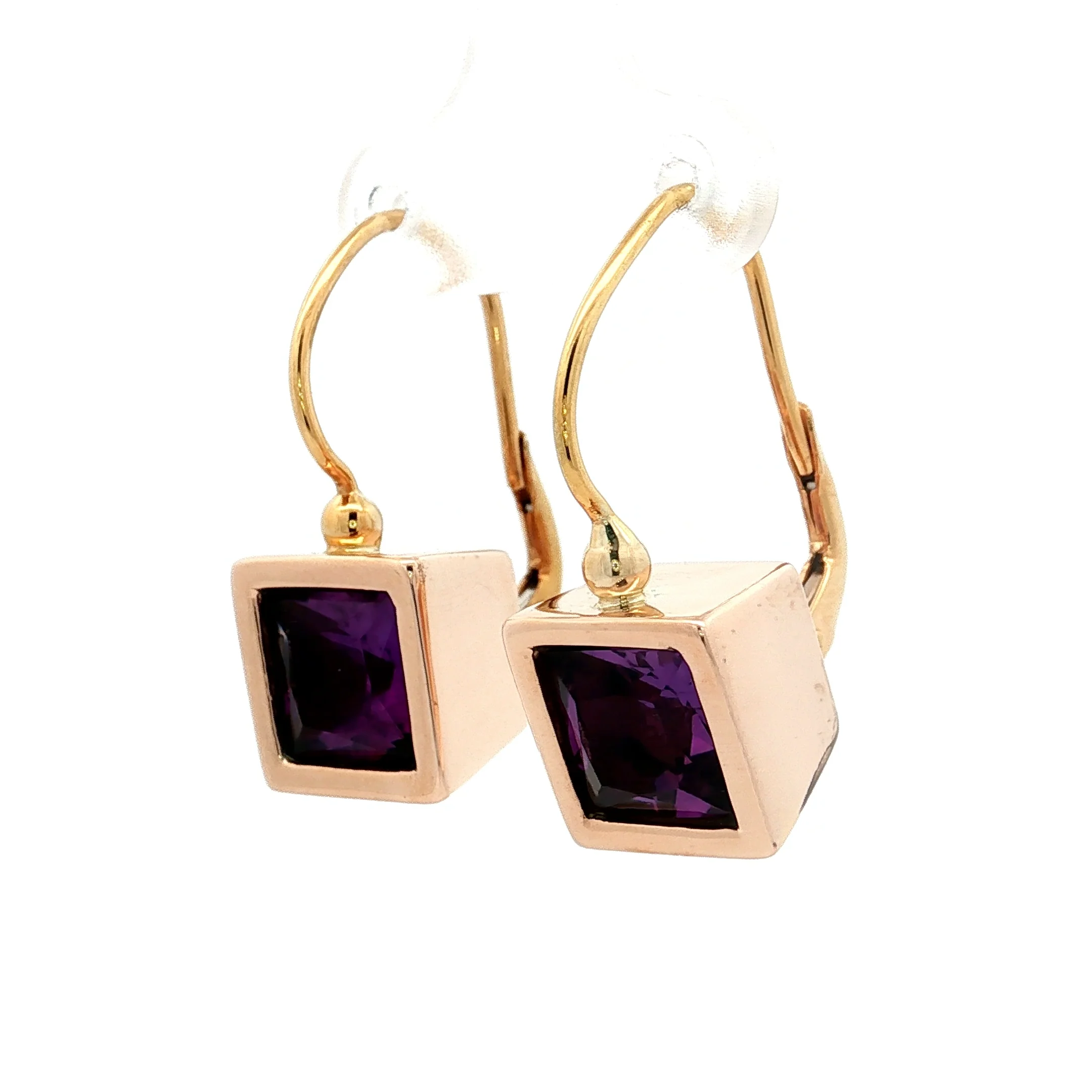 7 Carat Square Amethyst Bezel Dangle Earrings in 14k - Image 2