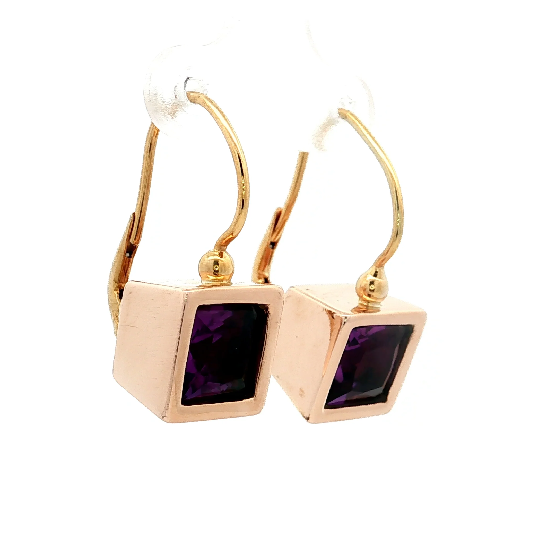 7 Carat Square Amethyst Bezel Dangle Earrings in 14k - Image 3