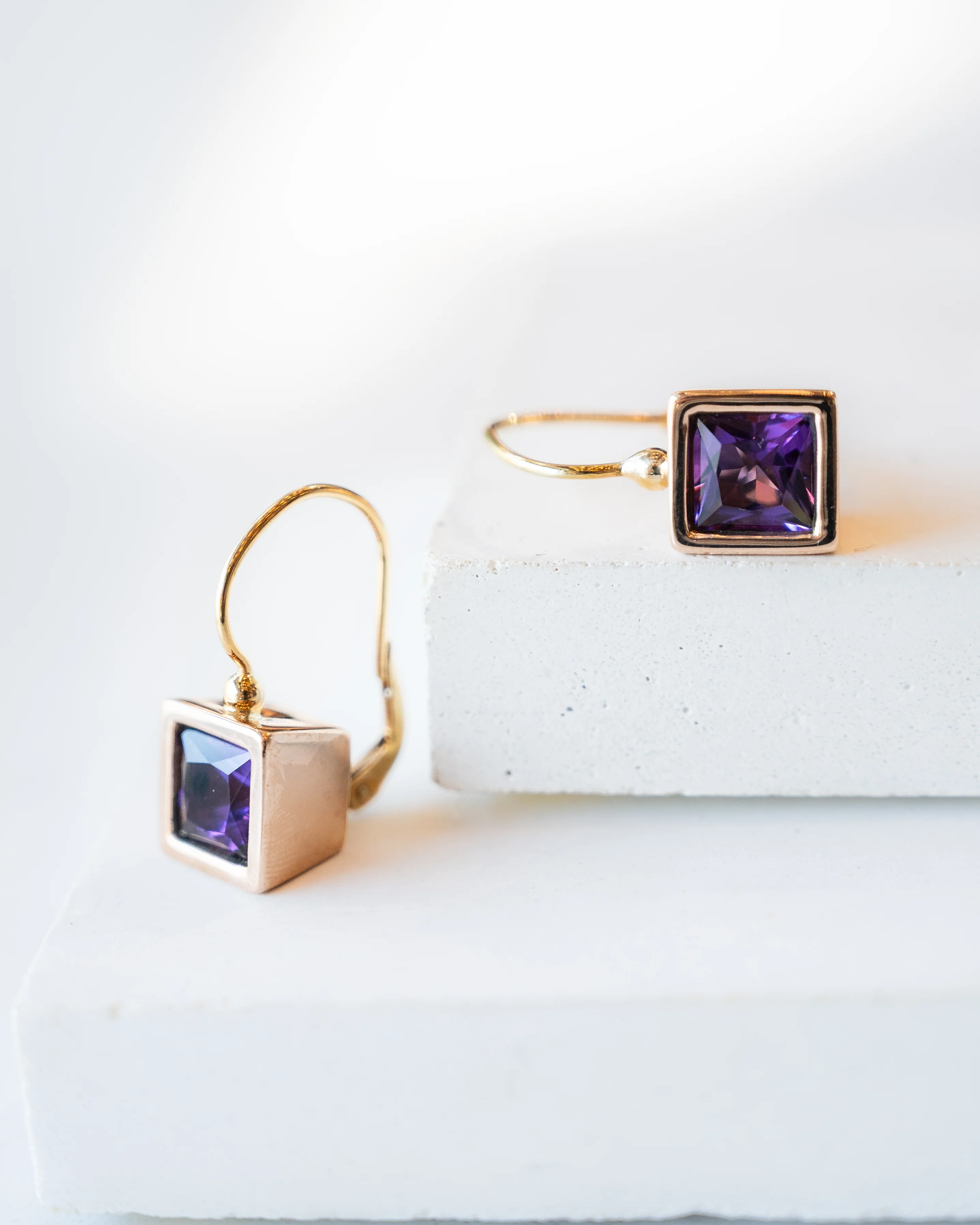 7 Carat Square Amethyst Bezel Dangle Earrings in 14k - Image 4
