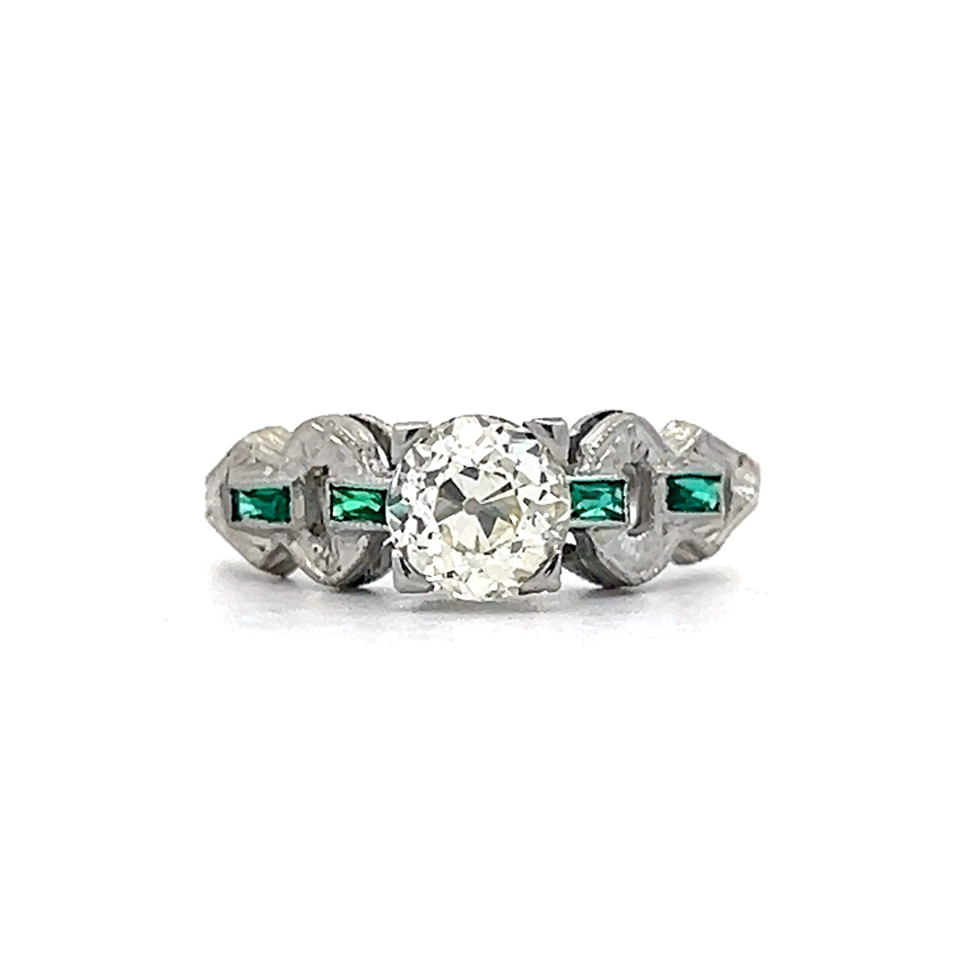 .75 Vintage Art Deco Diamond & Emerald Engagement Ring