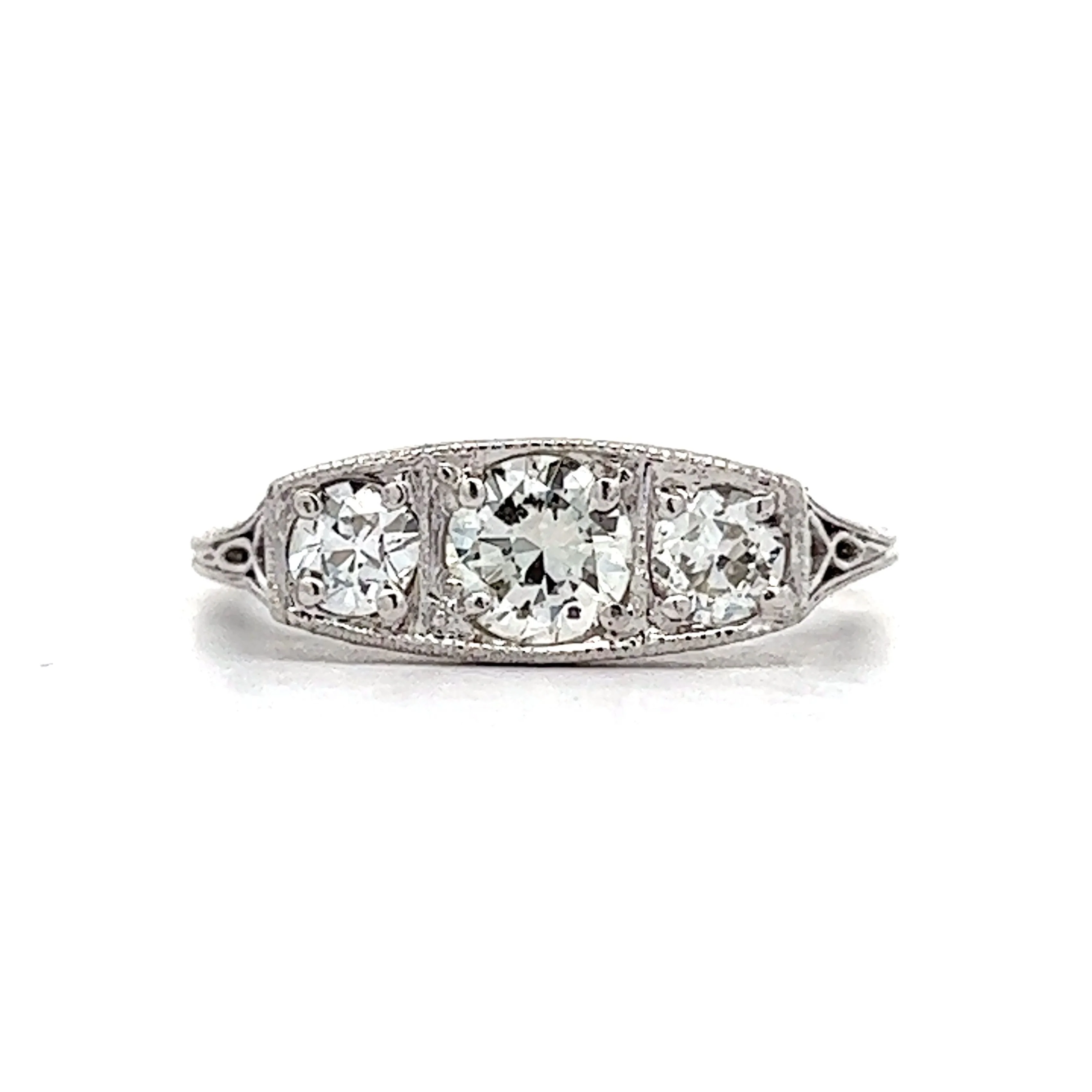 .85 Vintage Art Deco Three Stone Engagement Ring