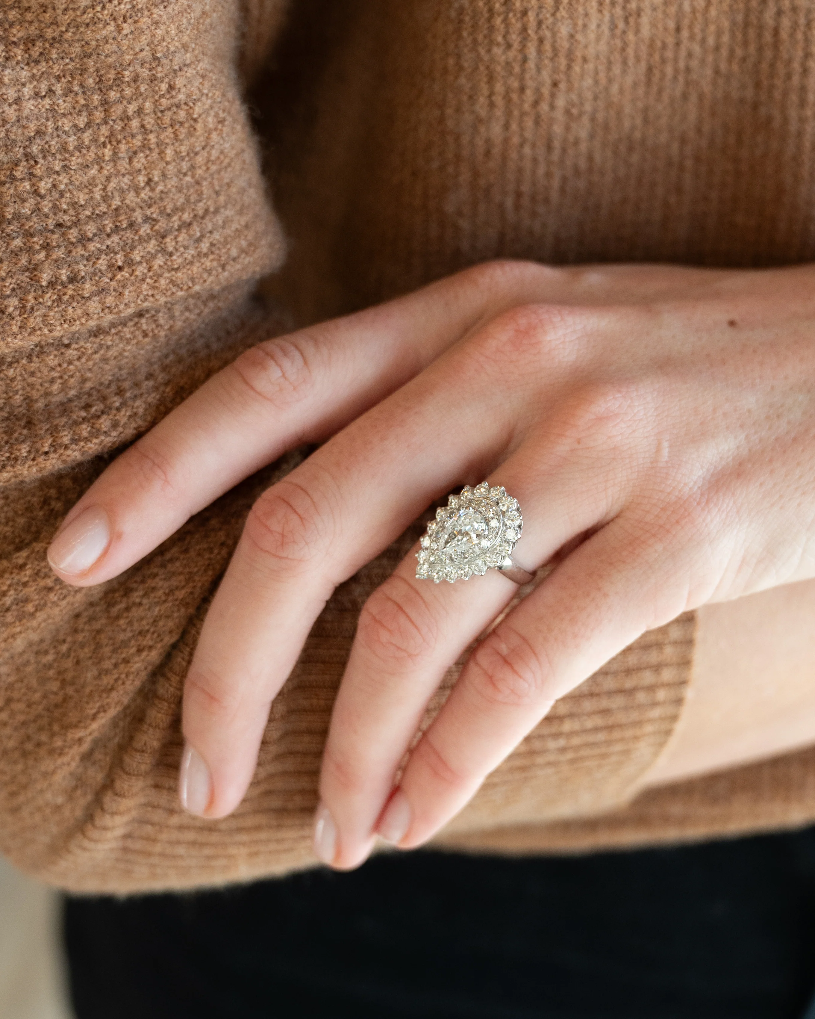 .90 Vintage Pear Diamond Halo Cocktail Ring Platinum - Image 6