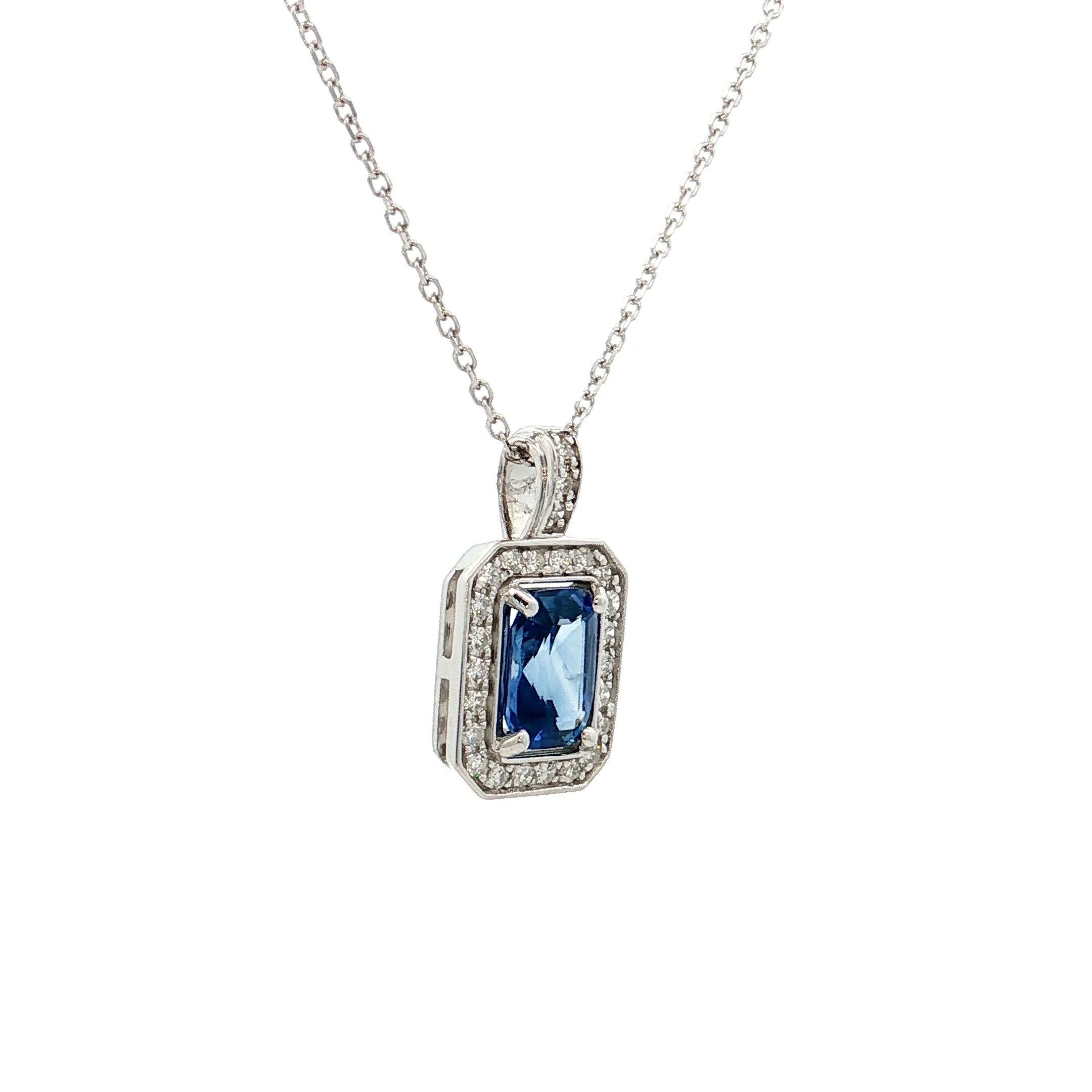 .95 Blue Sapphire Emerald Cut Pendant 14k White Gold - Image 3