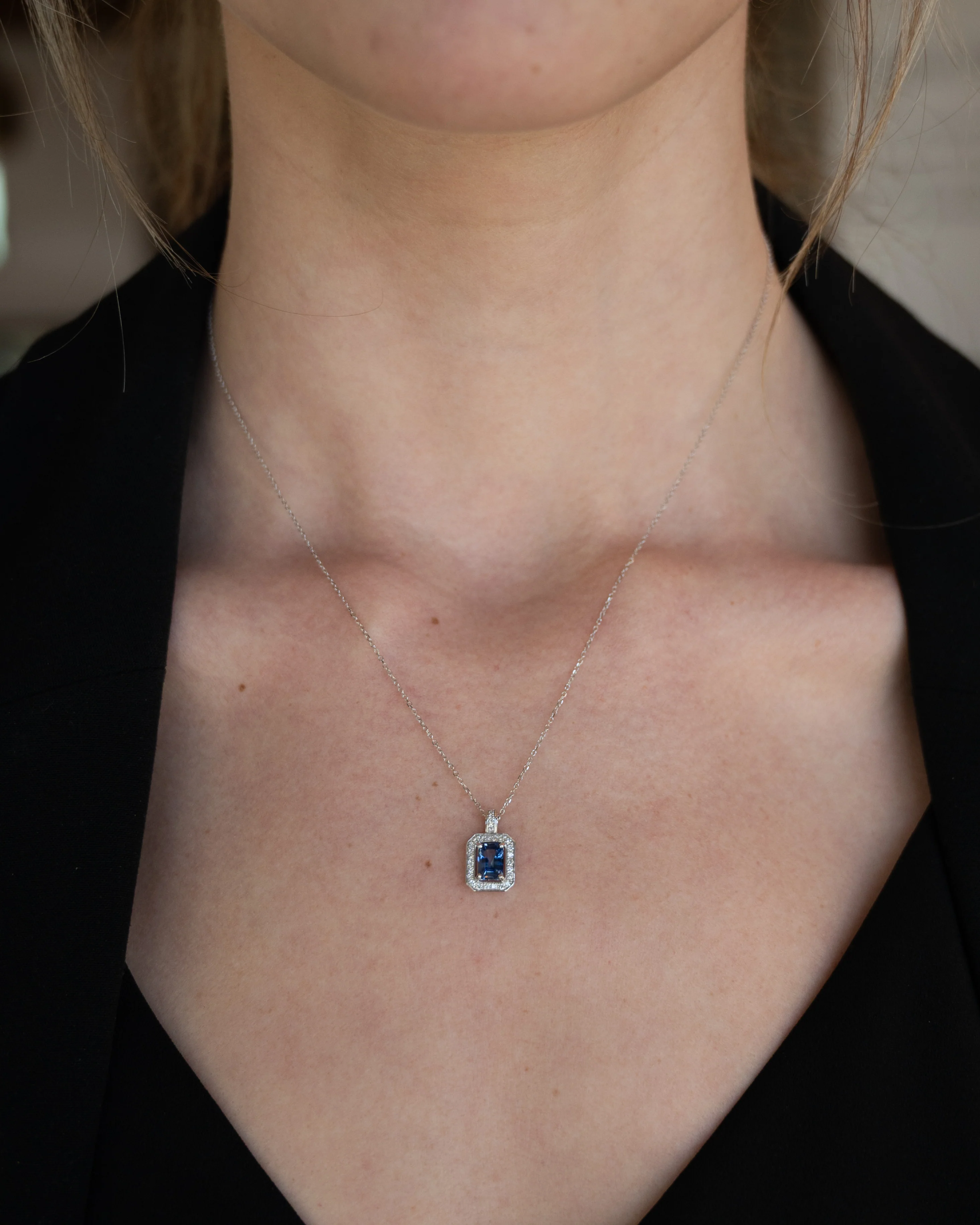 .95 Blue Sapphire Emerald Cut Pendant 14k White Gold - Image 5