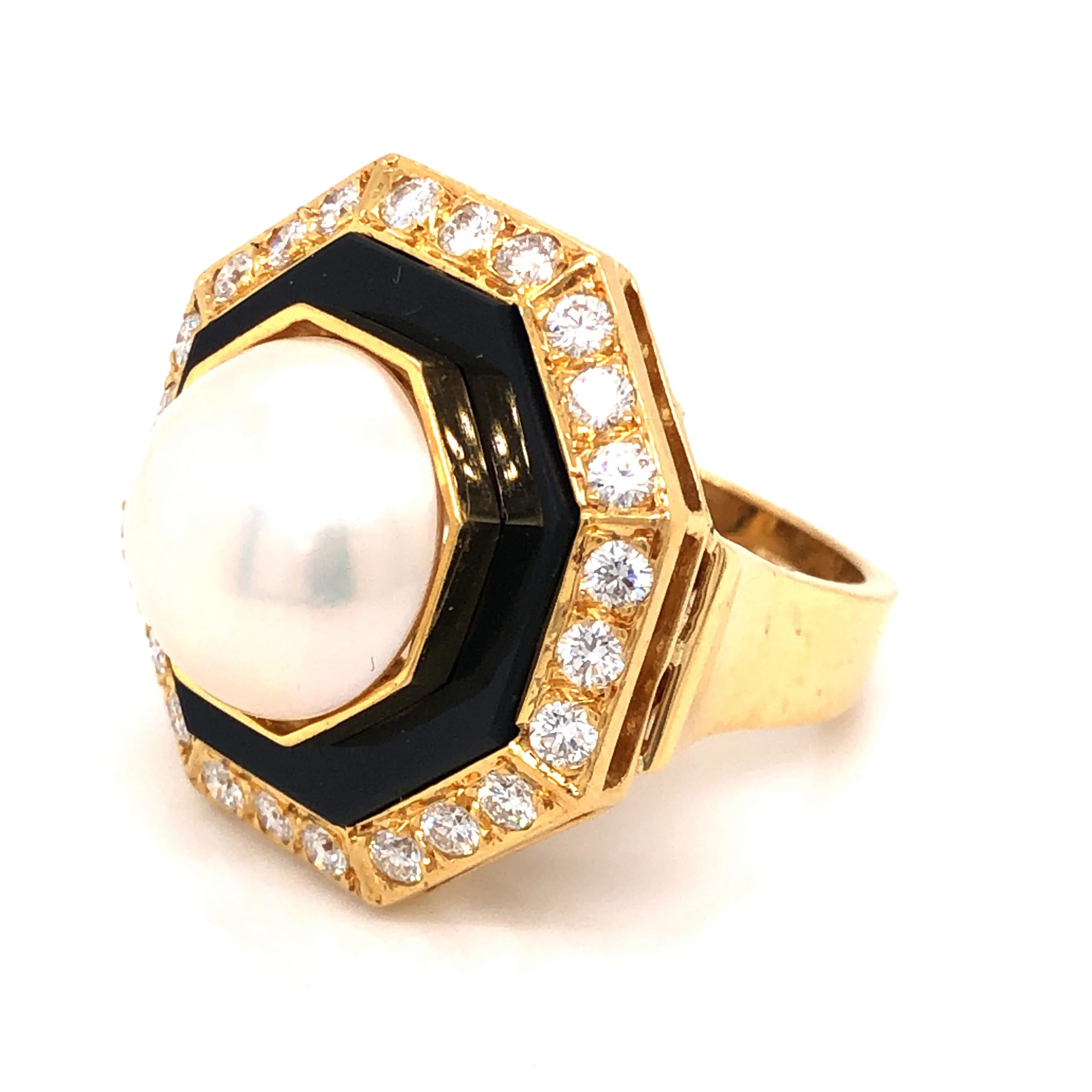 .96 Diamond & Pearl w/ Onyx Cocktail Ring 18k Yellow Gold - Image 2