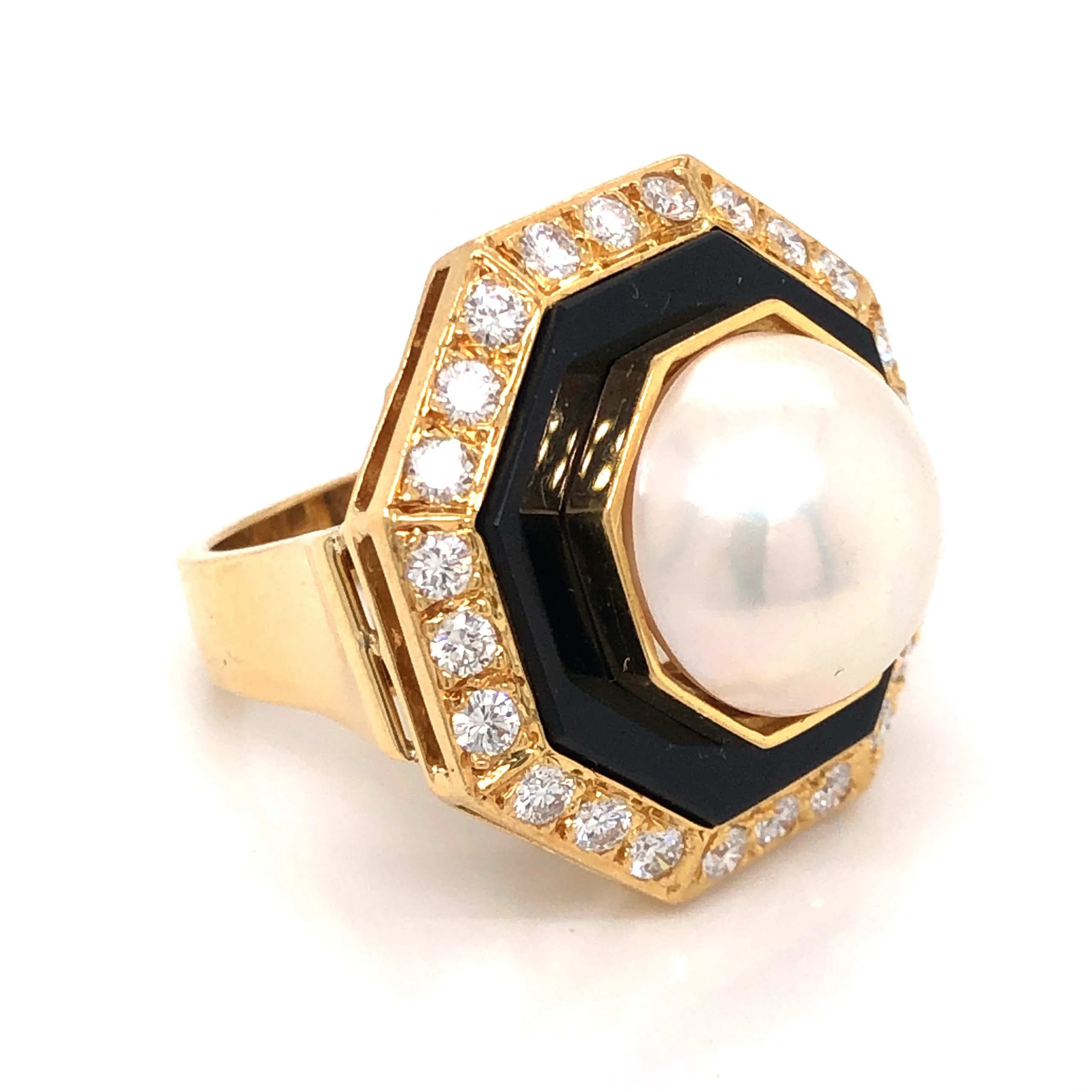 .96 Diamond & Pearl w/ Onyx Cocktail Ring 18k Yellow Gold - Image 3