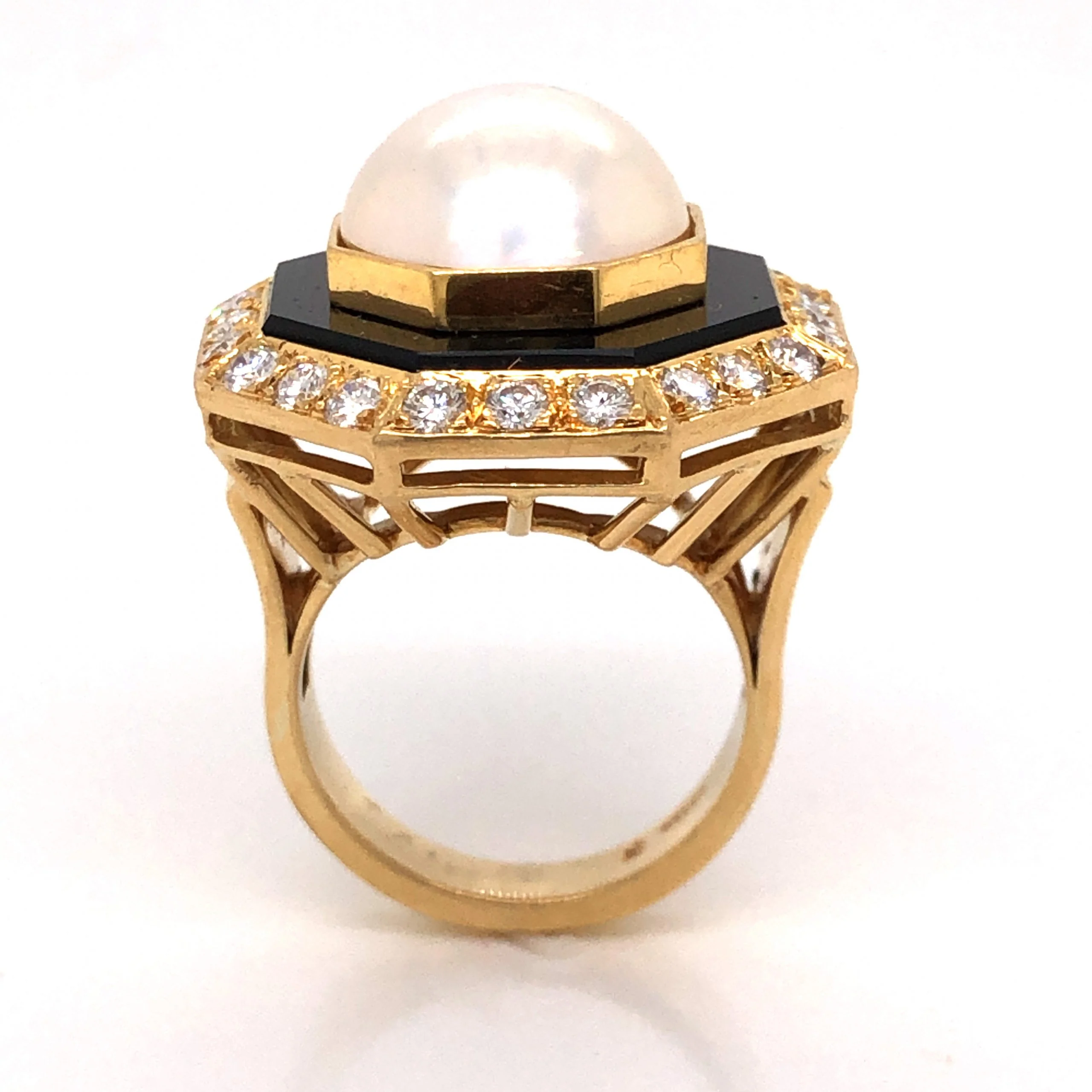 .96 Diamond & Pearl w/ Onyx Cocktail Ring 18k Yellow Gold - Image 4