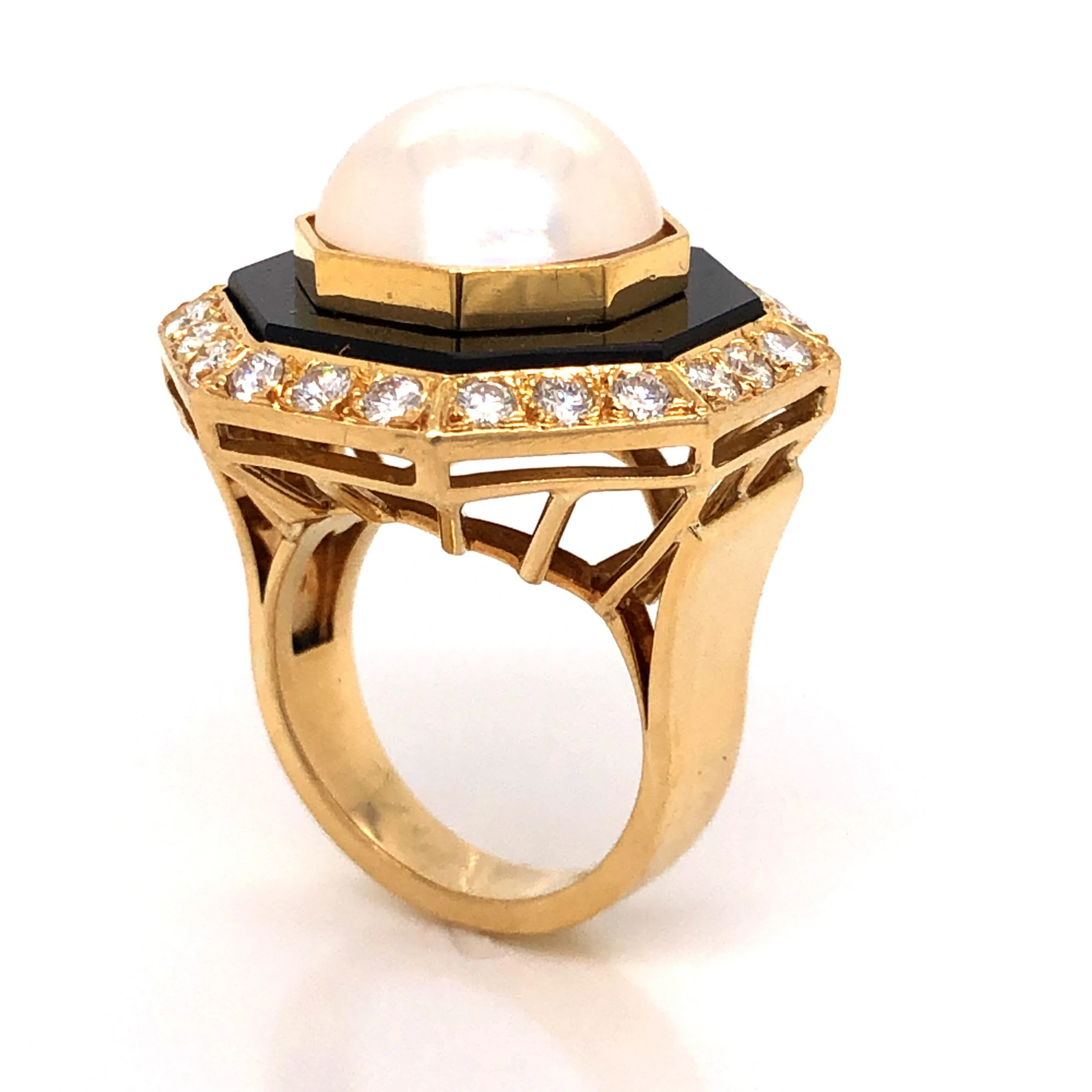 .96 Diamond & Pearl w/ Onyx Cocktail Ring 18k Yellow Gold - Image 5