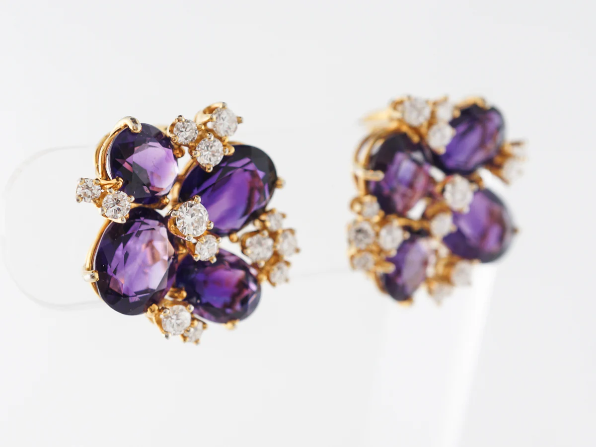 Amethyst & Diamond Cluster Earrings in 14k Yellow Gold - Image 2