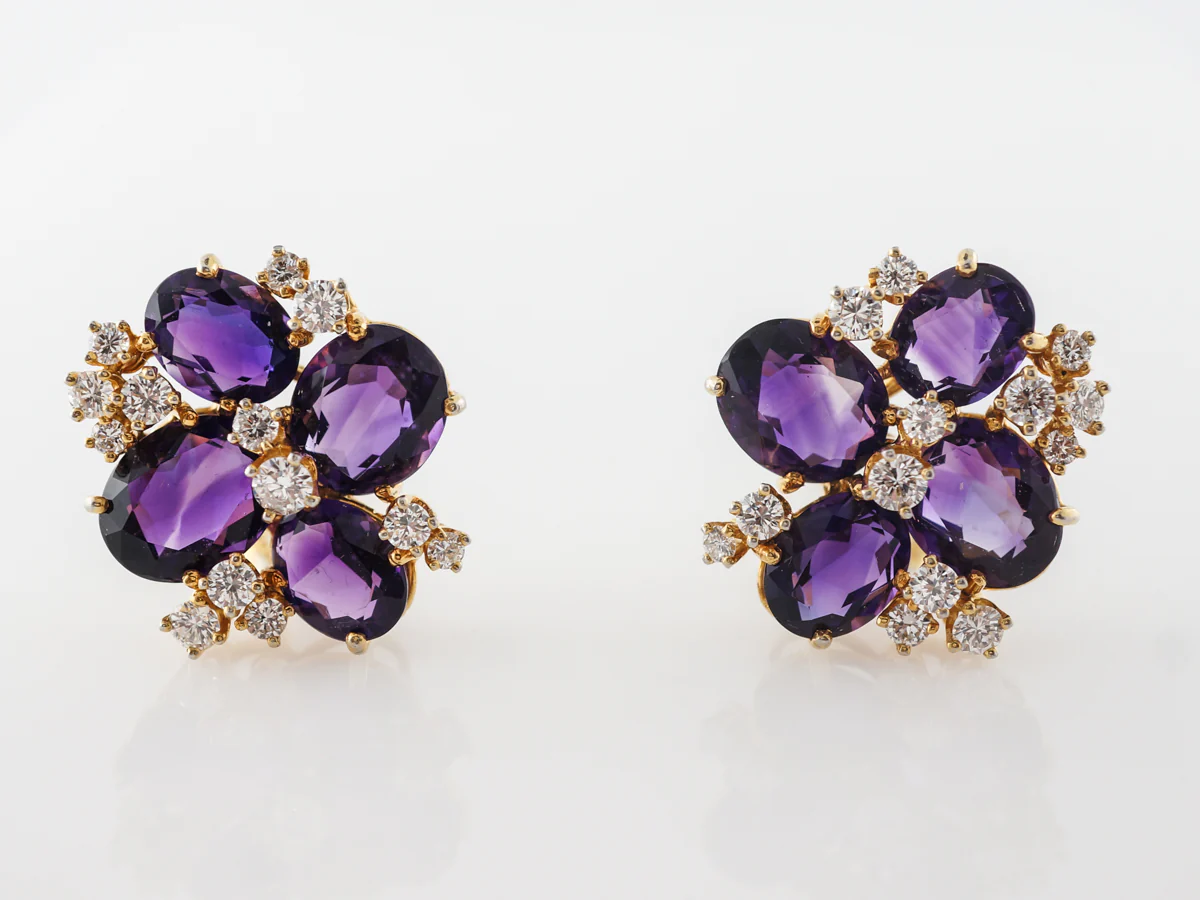 Amethyst & Diamond Cluster Earrings in 14k Yellow Gold - Image 3