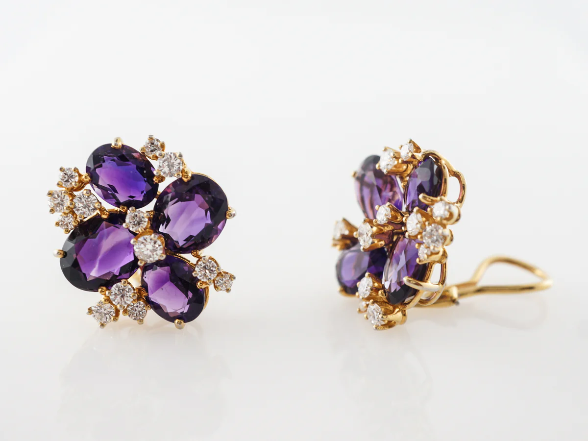 Amethyst & Diamond Cluster Earrings in 14k Yellow Gold - Image 4