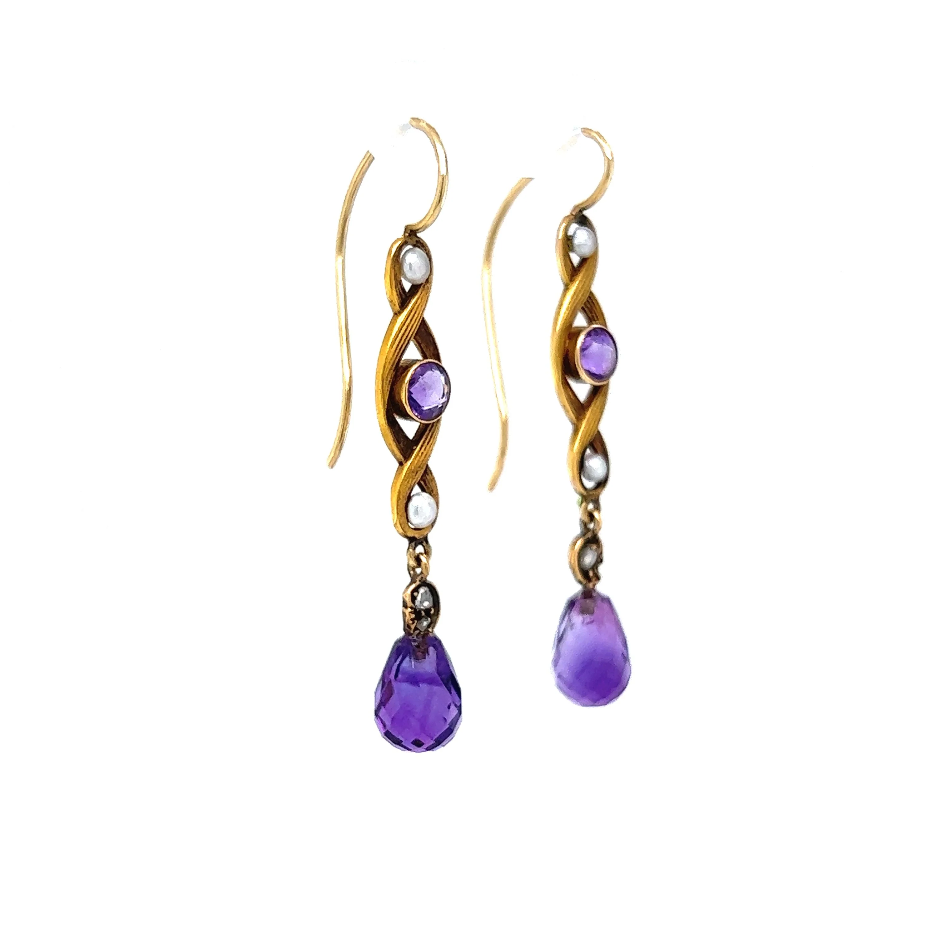 Antique Amethyst Dangle Earrings in 14k Yellow Gold - Image 3