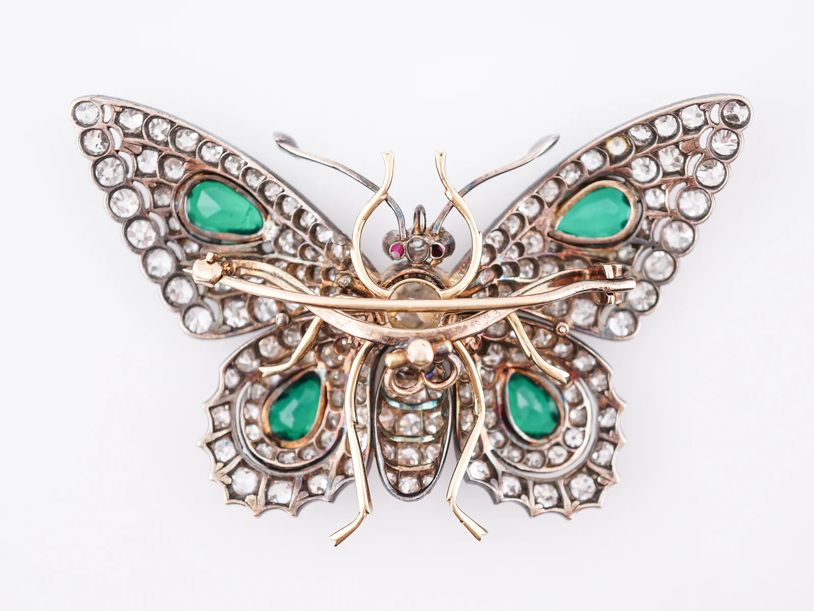 Antique Art Deco Butterfly Brooch 11.20 Old Mine Cut Diamonds & Emeralds in 14k Yellow Gold - Image 2